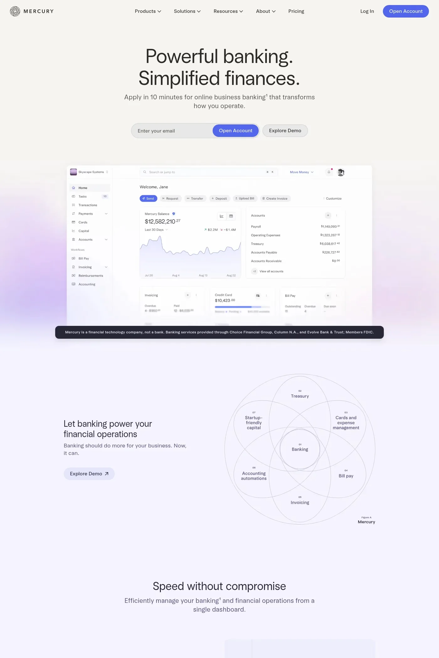 Mercury — screenshot of a finance landing page in white and light purple, with sans-serif type and gradients