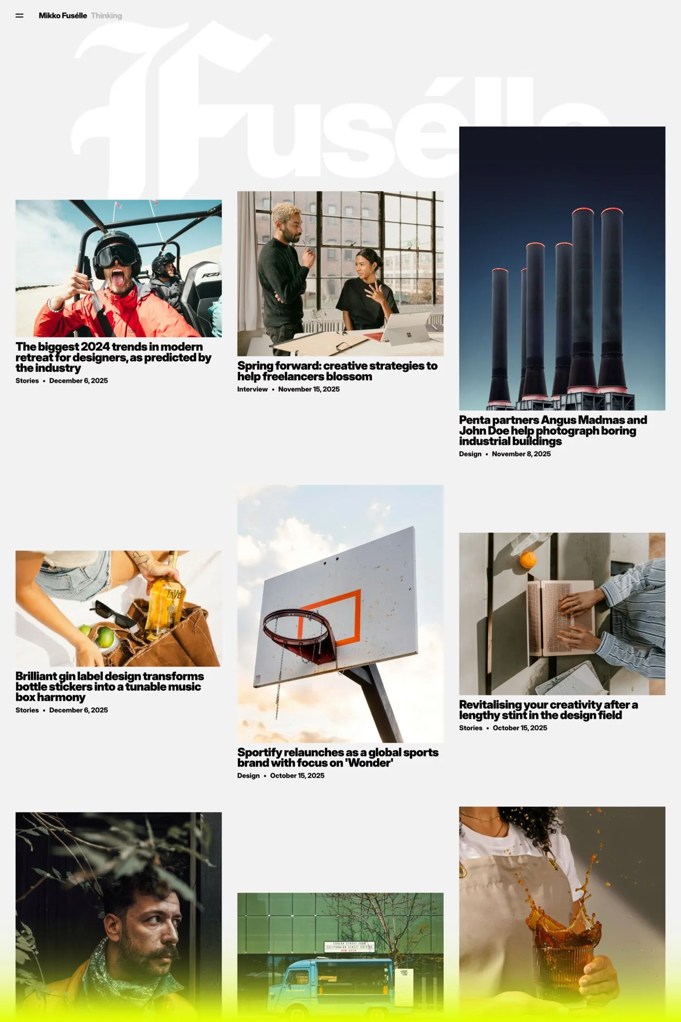 Mikko Fuselle — screenshot of a typographic, minimal design blog template in white and black