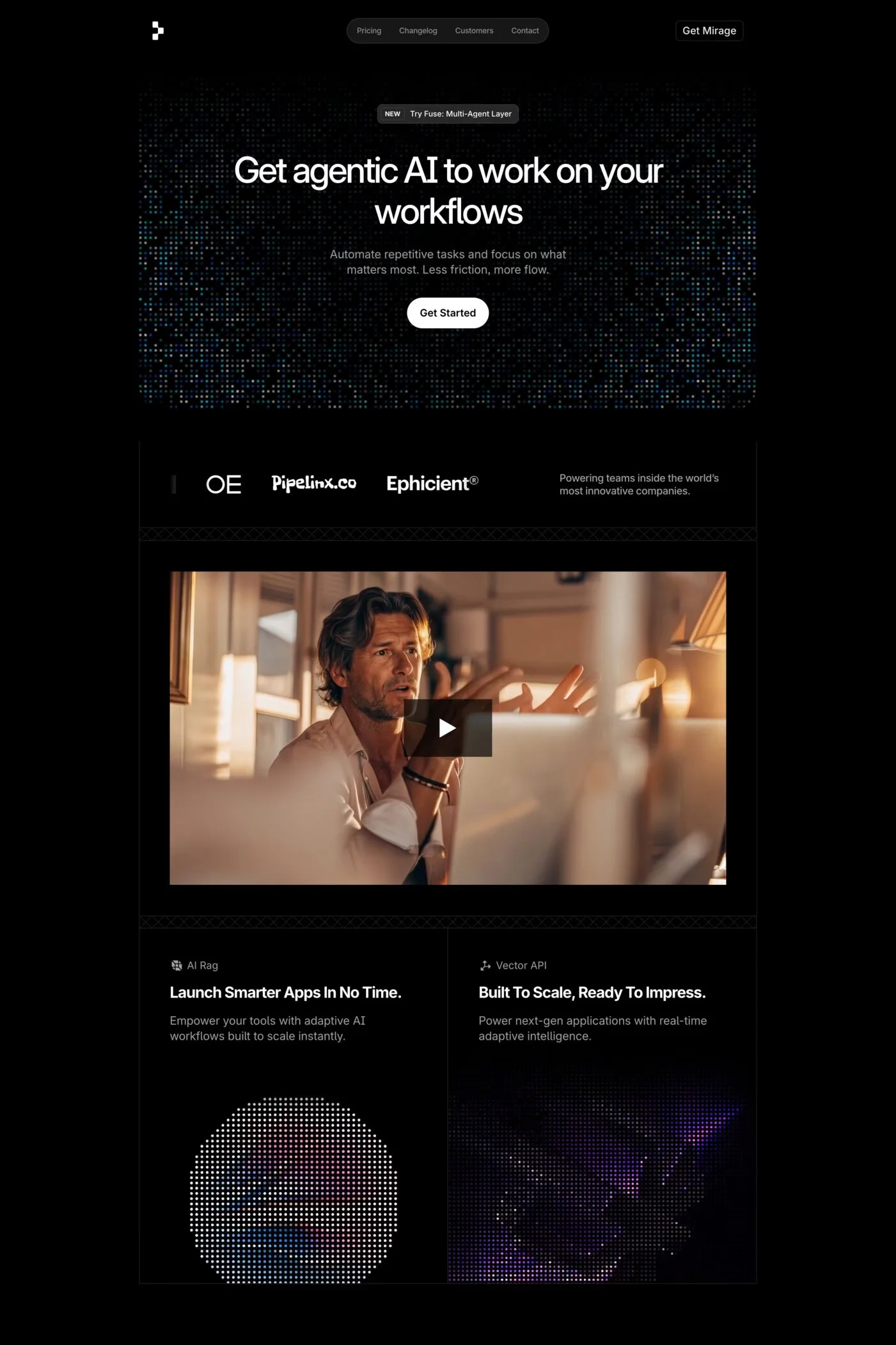 Mirage — screenshot of a dark, pixelated AI landing page template in black and light purple
