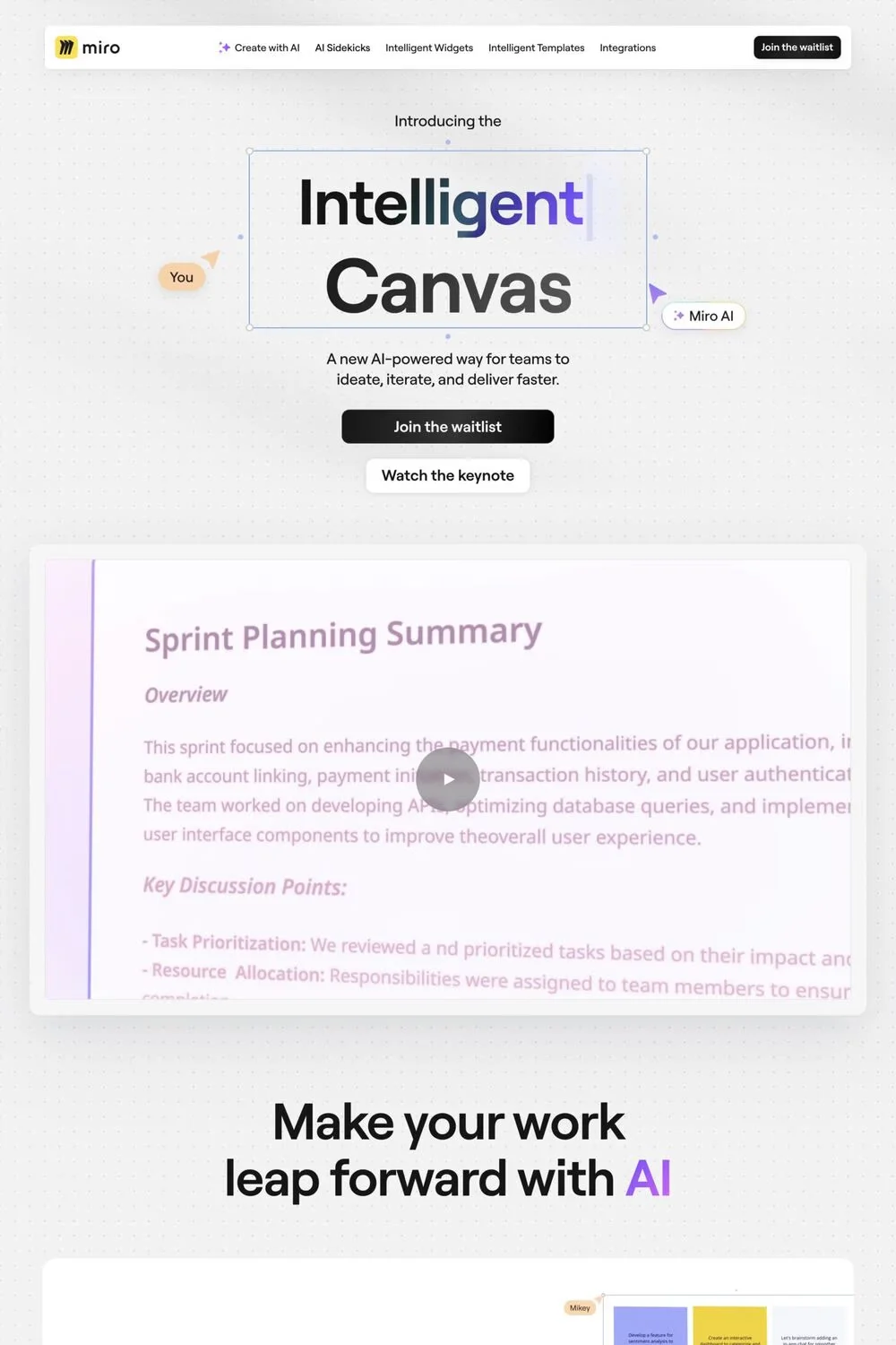Miro Intelligent Canvas — screenshot of a pastel software landing page in white and grey