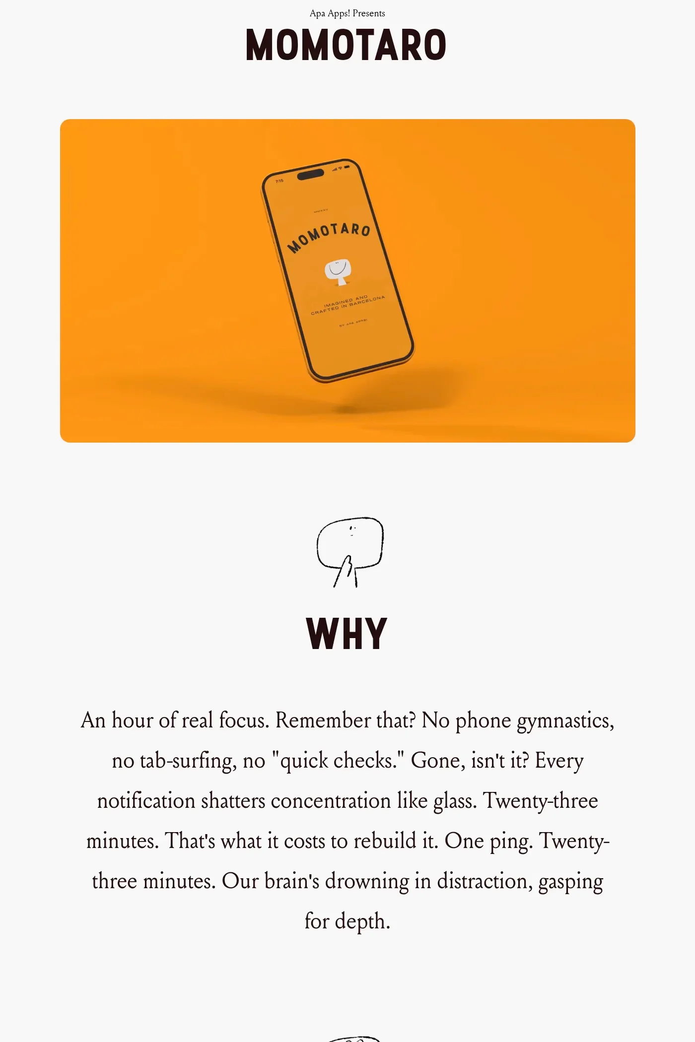 Momotaro — screenshot of a clean, bright productivity landing page in light grey and orange