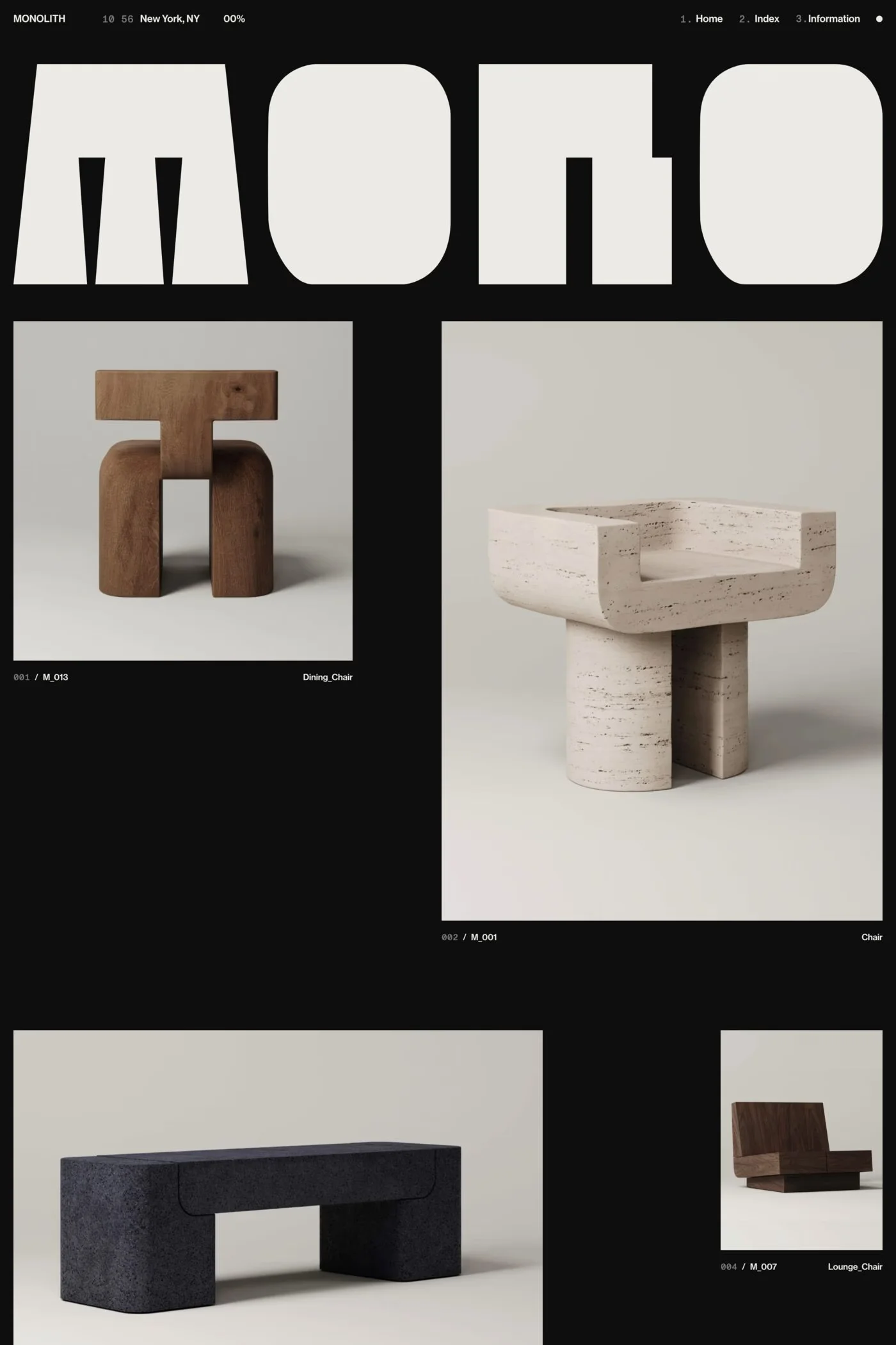 Monolith — screenshot of a typographic homeware online shop in black