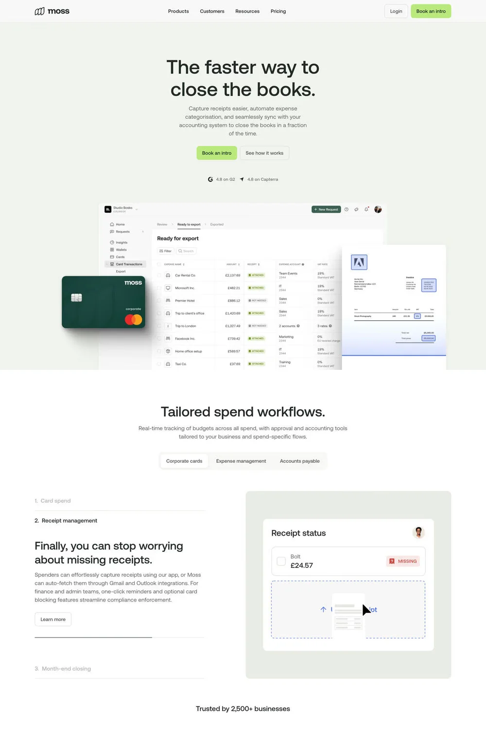 Moss — screenshot of a clean finance landing page in white and beige