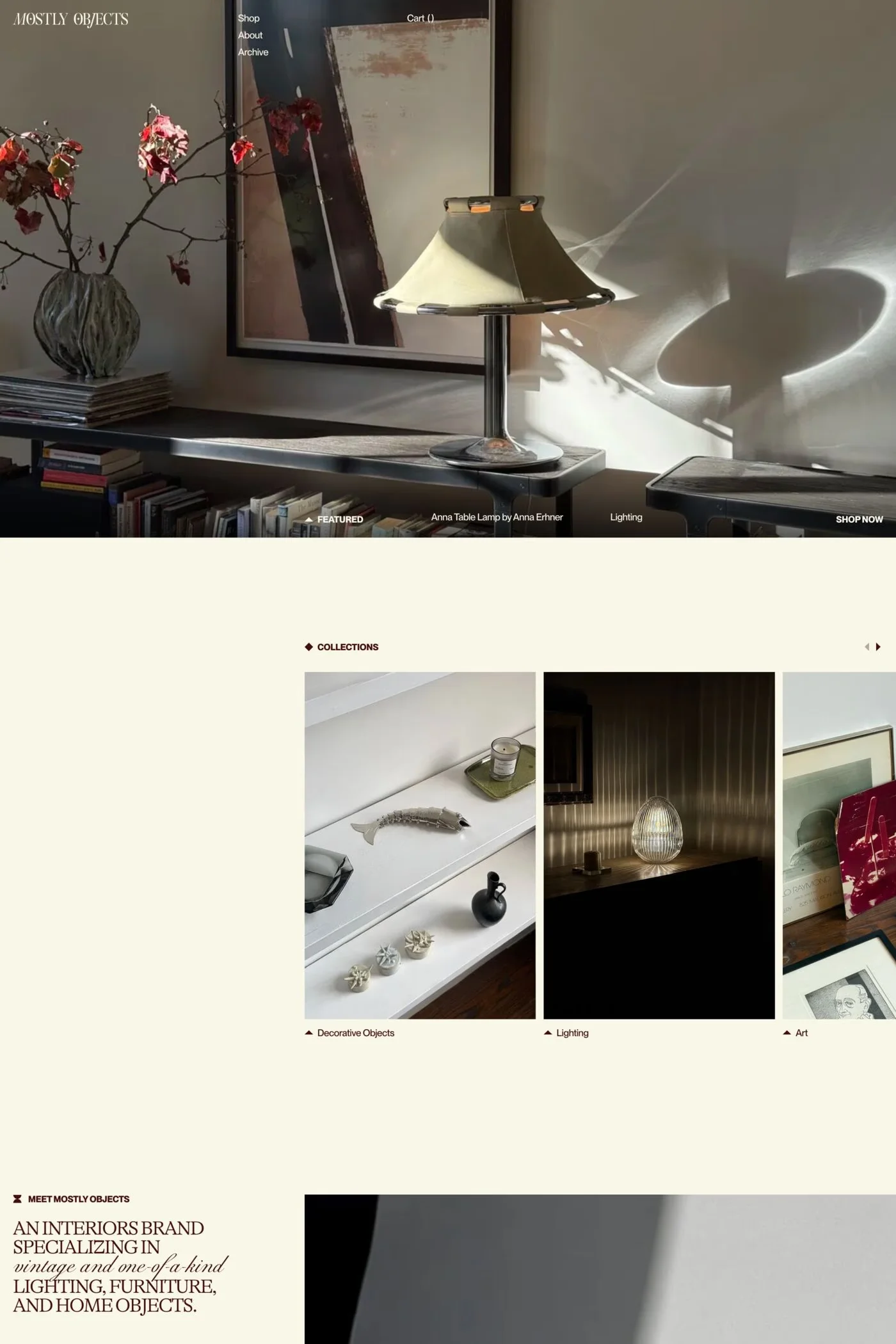Mostly Objects — screenshot of a typographic homeware online shop in white and black