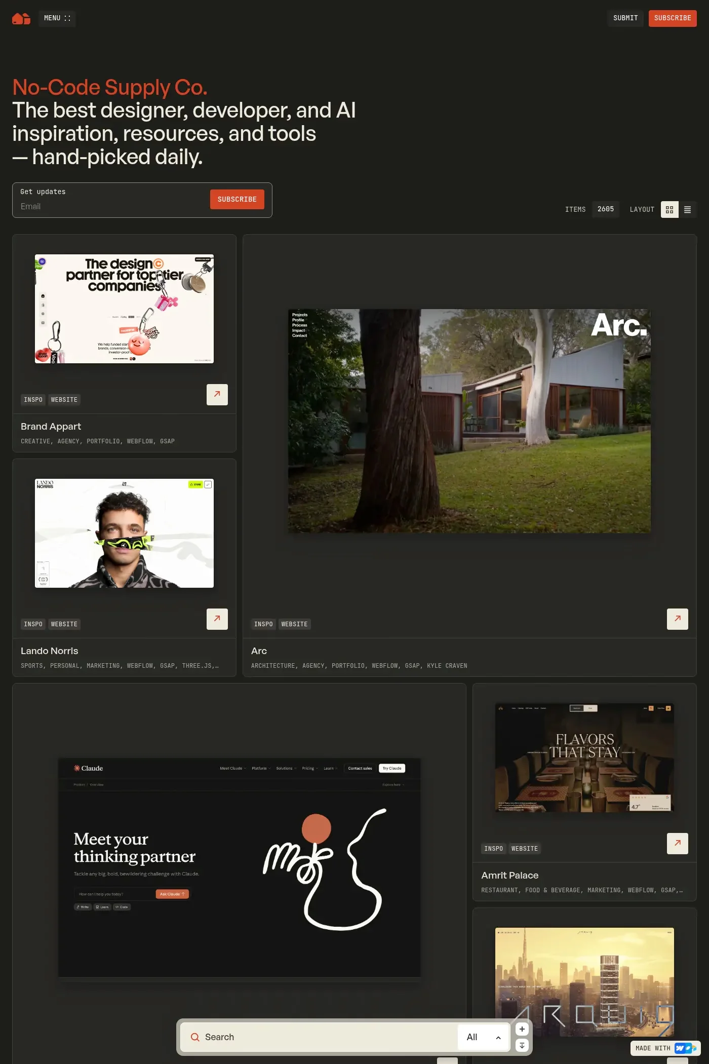 No-Code Supply Co — screenshot of a clean, minimal design directory site in black and dark grey