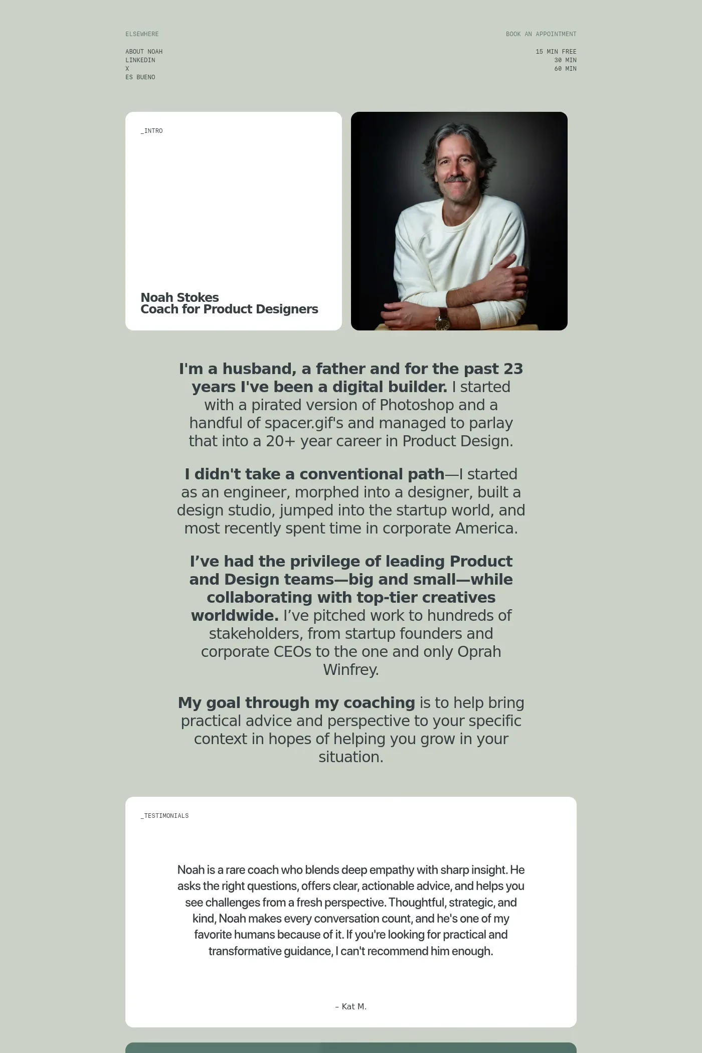 Noah Stokes — screenshot of a minimal, light professional services landing page in white and grey
