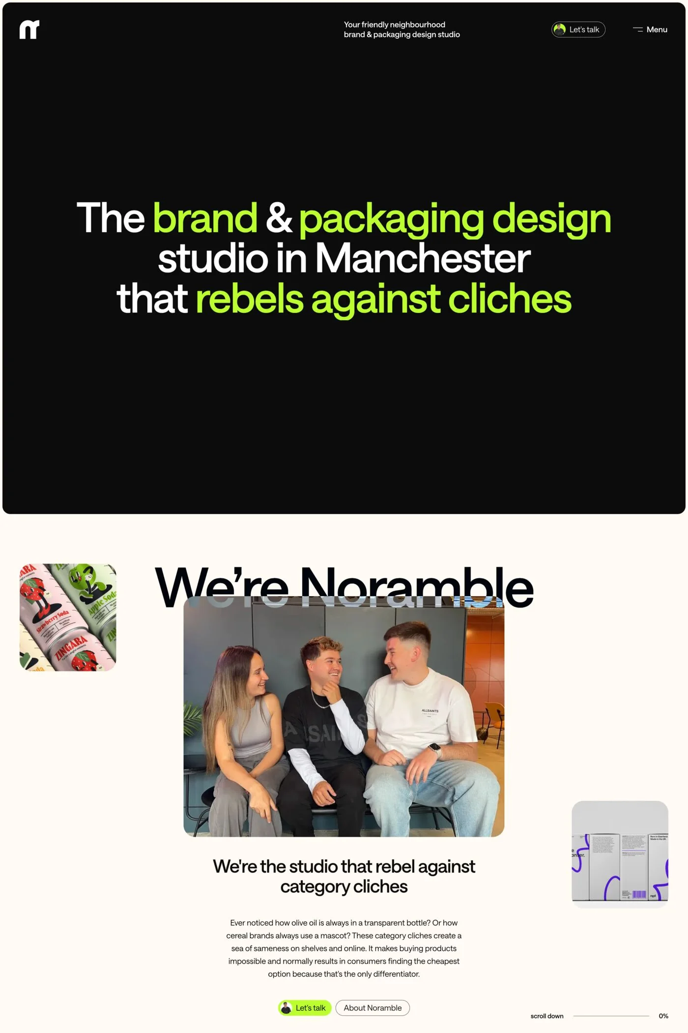Noramble — screenshot of a neon design agency site in black and light green