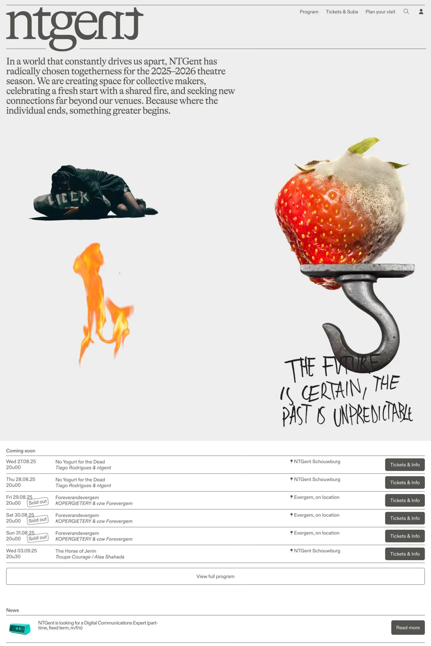 NTGent — screenshot of a hand-drawn, 3D events landing page in light grey and yellow