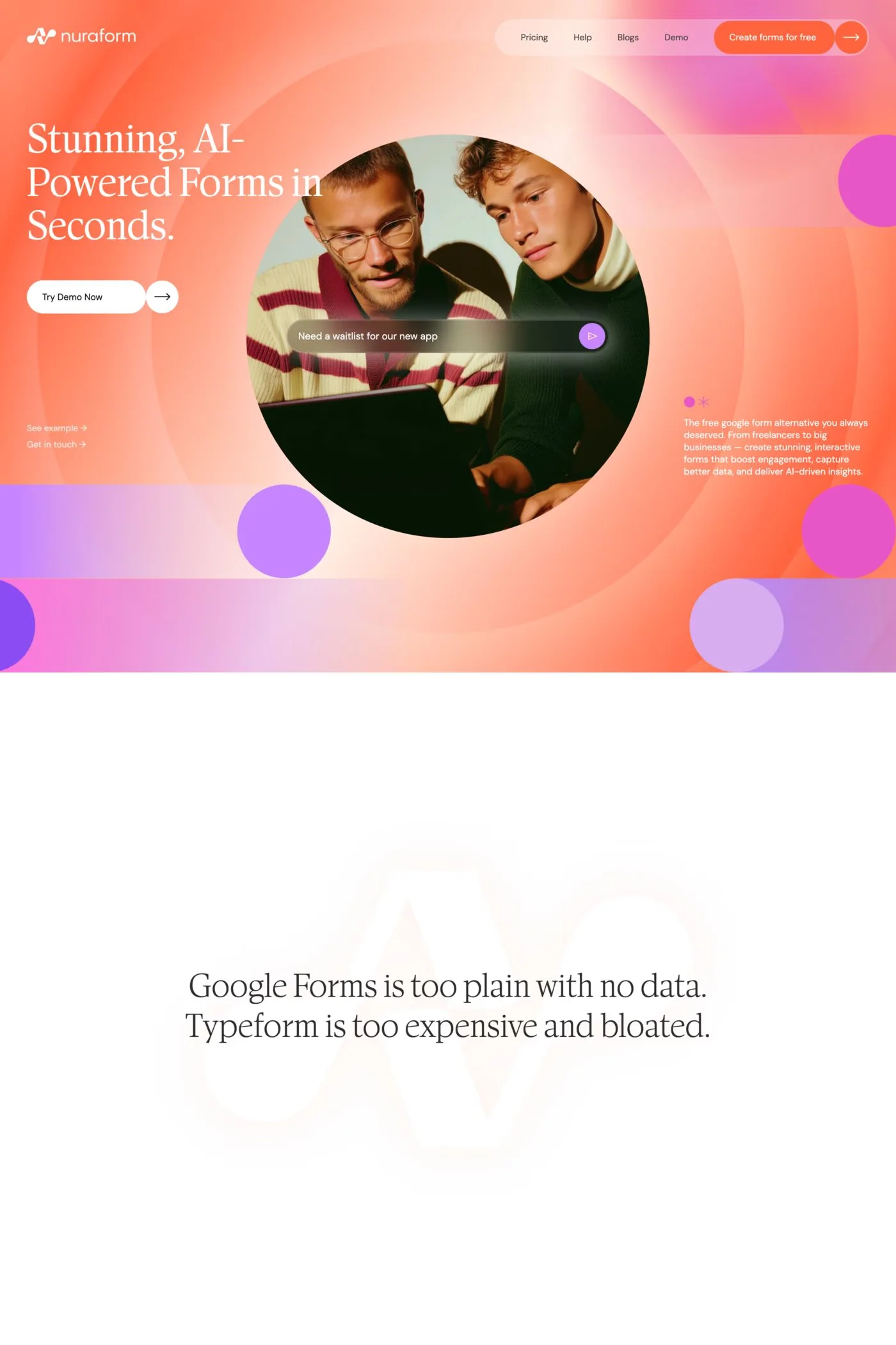 Nuraform — screenshot of a bright AI landing page in white and red
