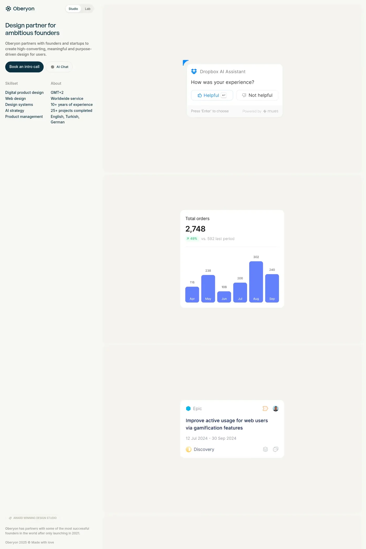 Oberyon — screenshot of a minimal, light design agency site in beige and dark blue