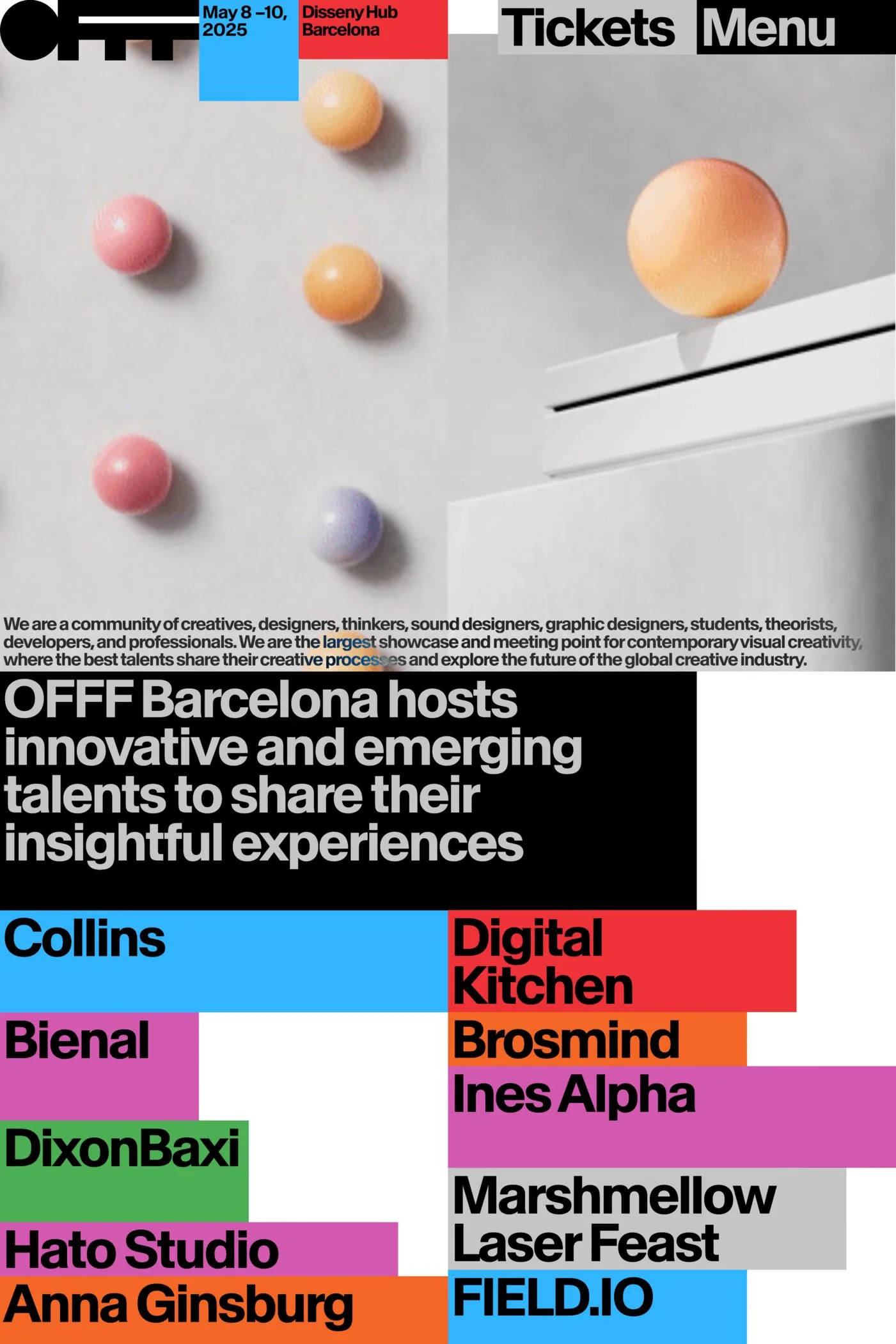 OFFF 2025 — screenshot of a colourful events landing page in blue and red