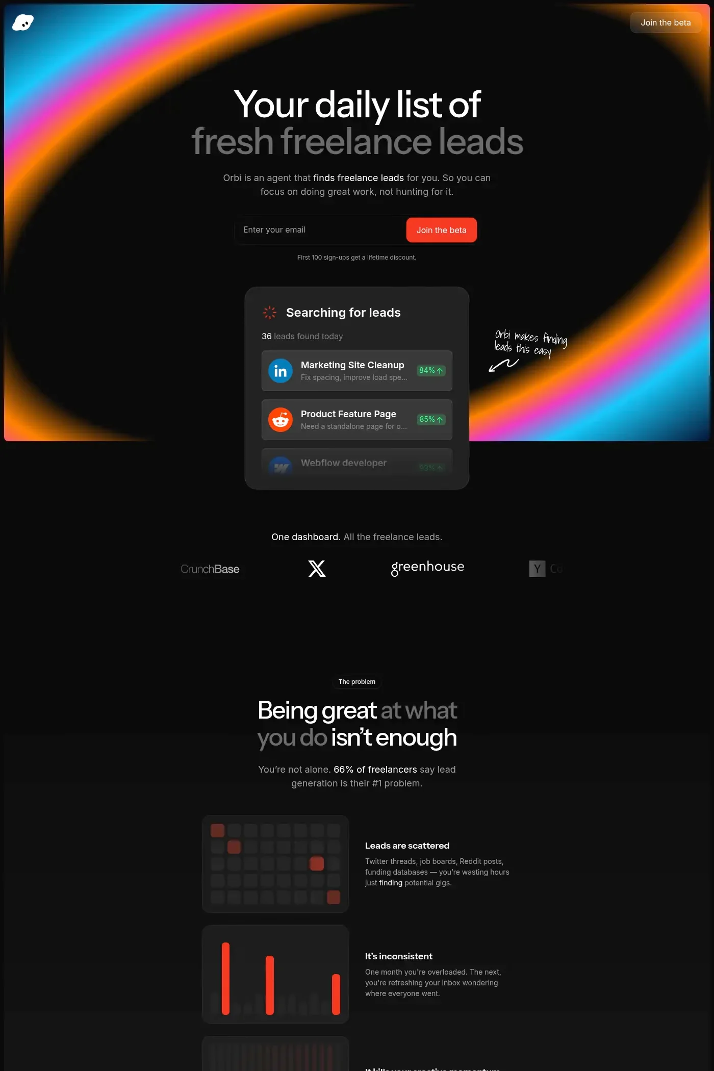 Orbi — screenshot of a hand-drawn, dark business landing page in black and orange