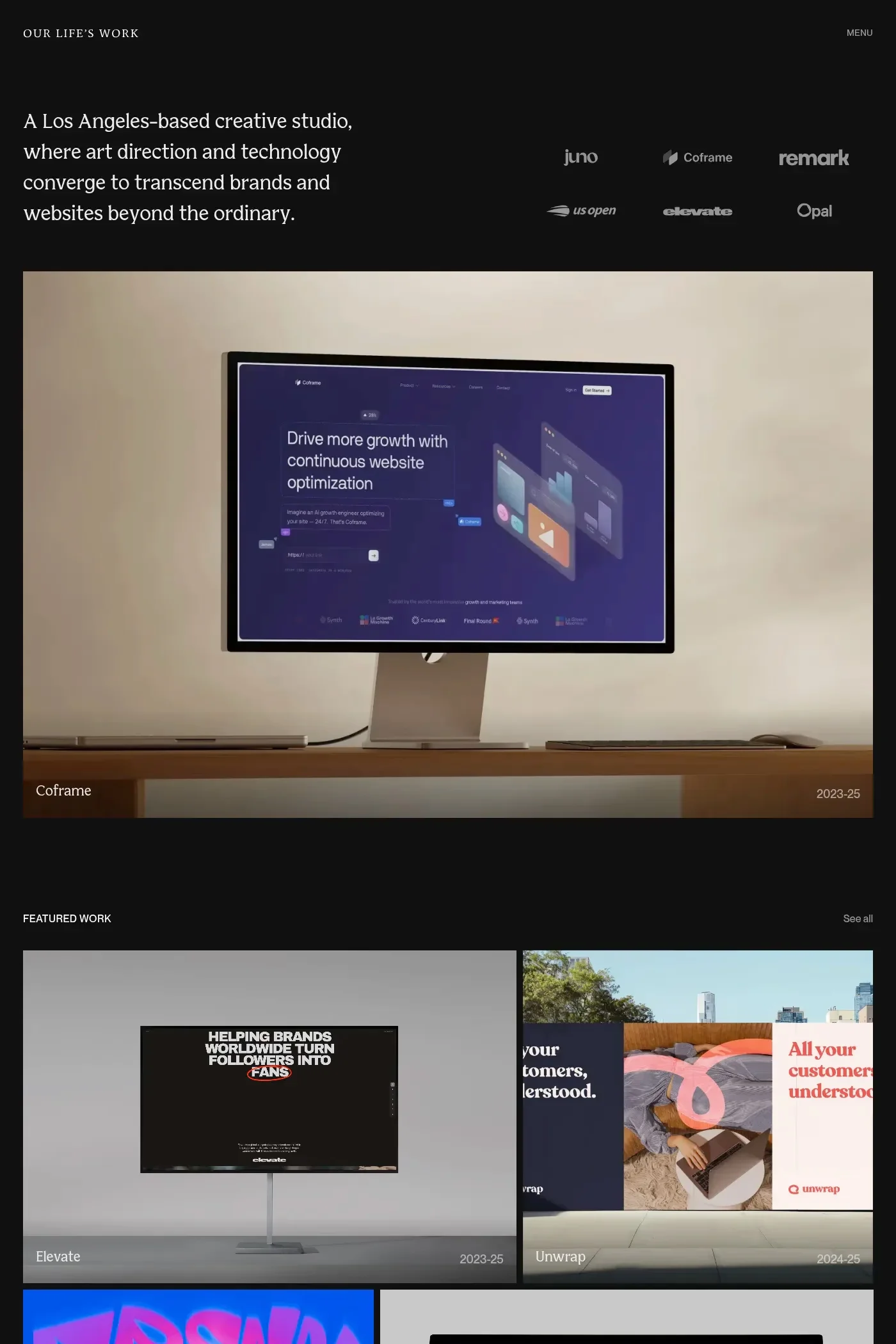 Our Life's Work ® — screenshot of a black-and-white, minimal design agency site in black