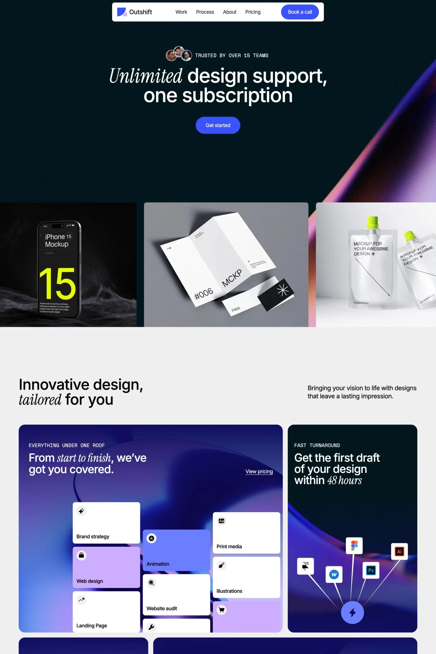 Outshift — screenshot of a design agency template in light grey and purple, with a bento grid and serif type