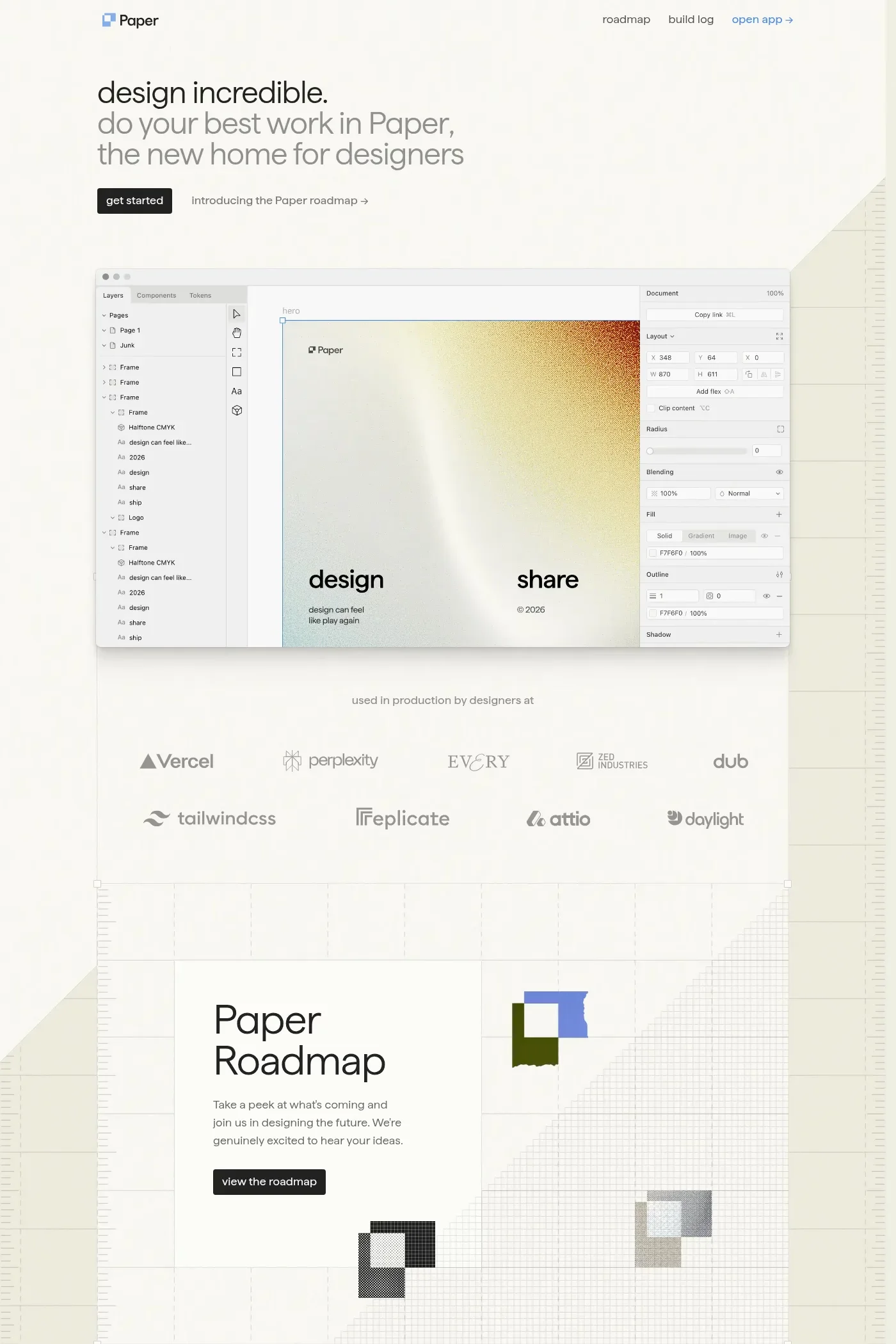 Paper — screenshot of a detailed design landing page in white and beige