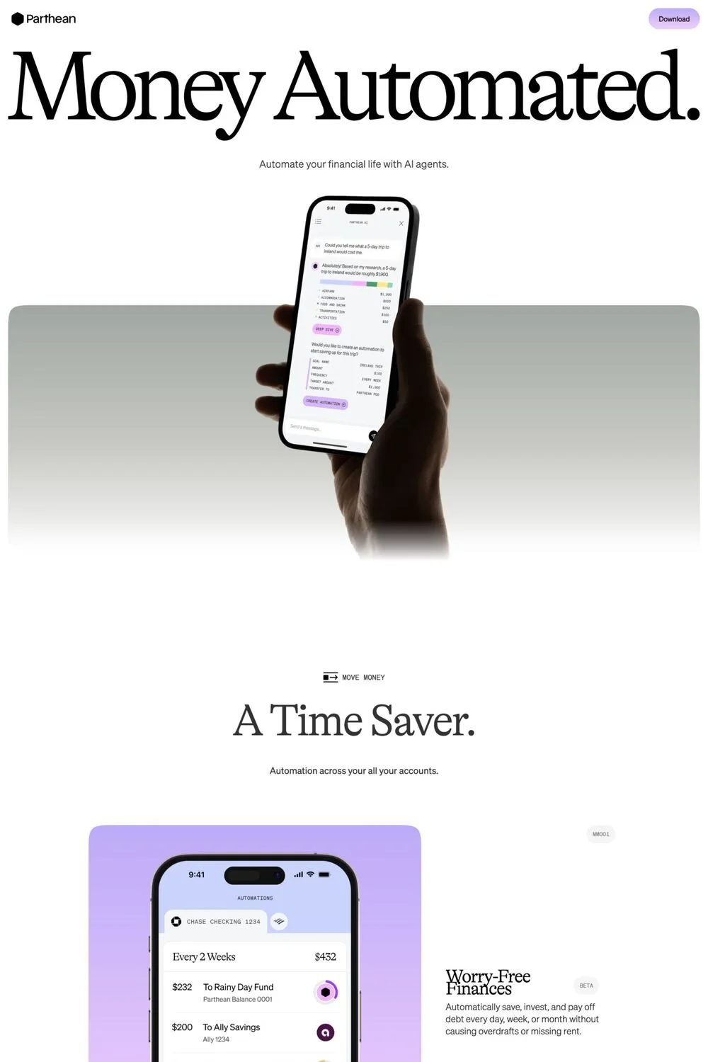 Parthean — screenshot of a minimal, pastel finance landing page in white and light purple