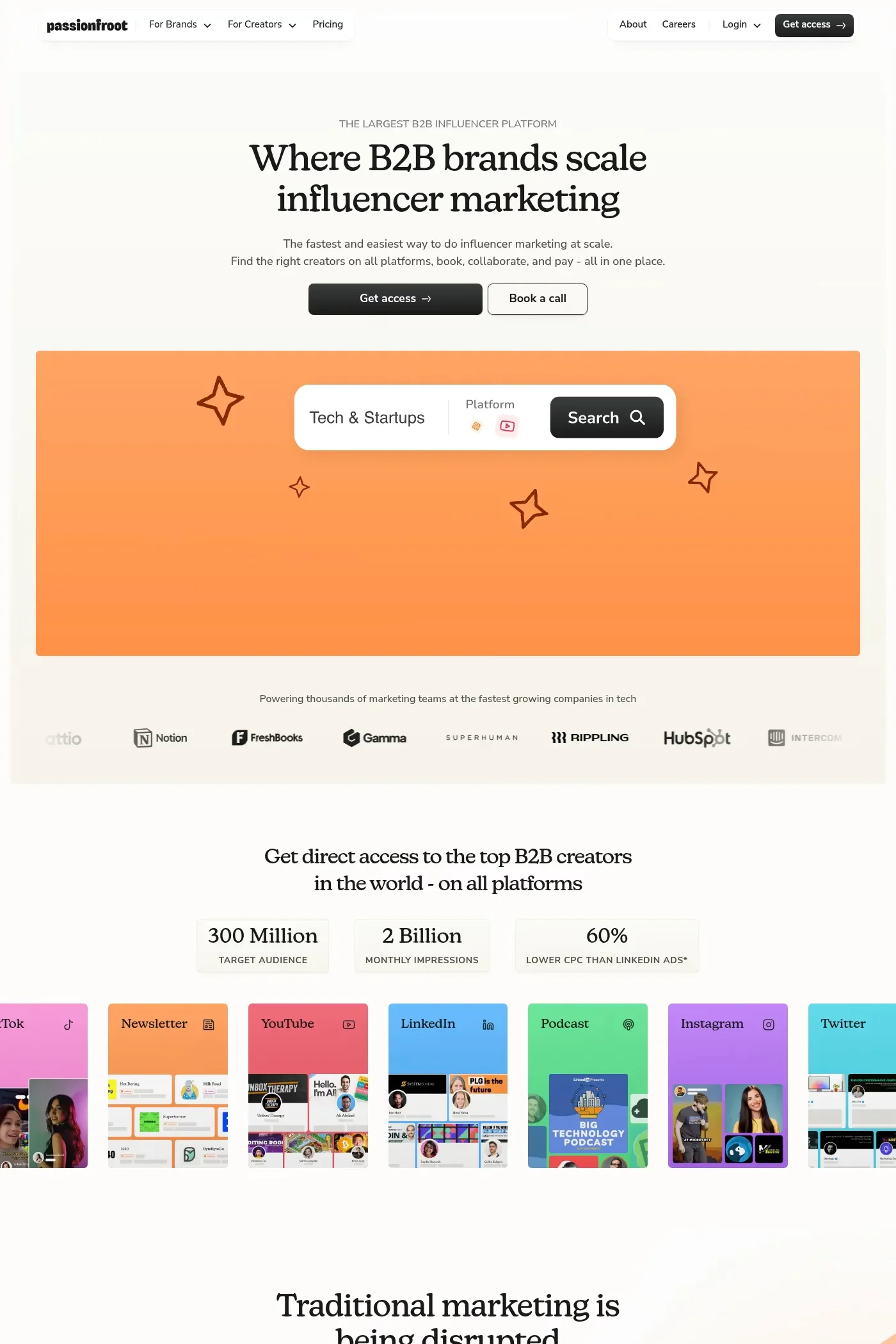 Passionfroot — screenshot of a hand-drawn, colourful marketing landing page in beige and white