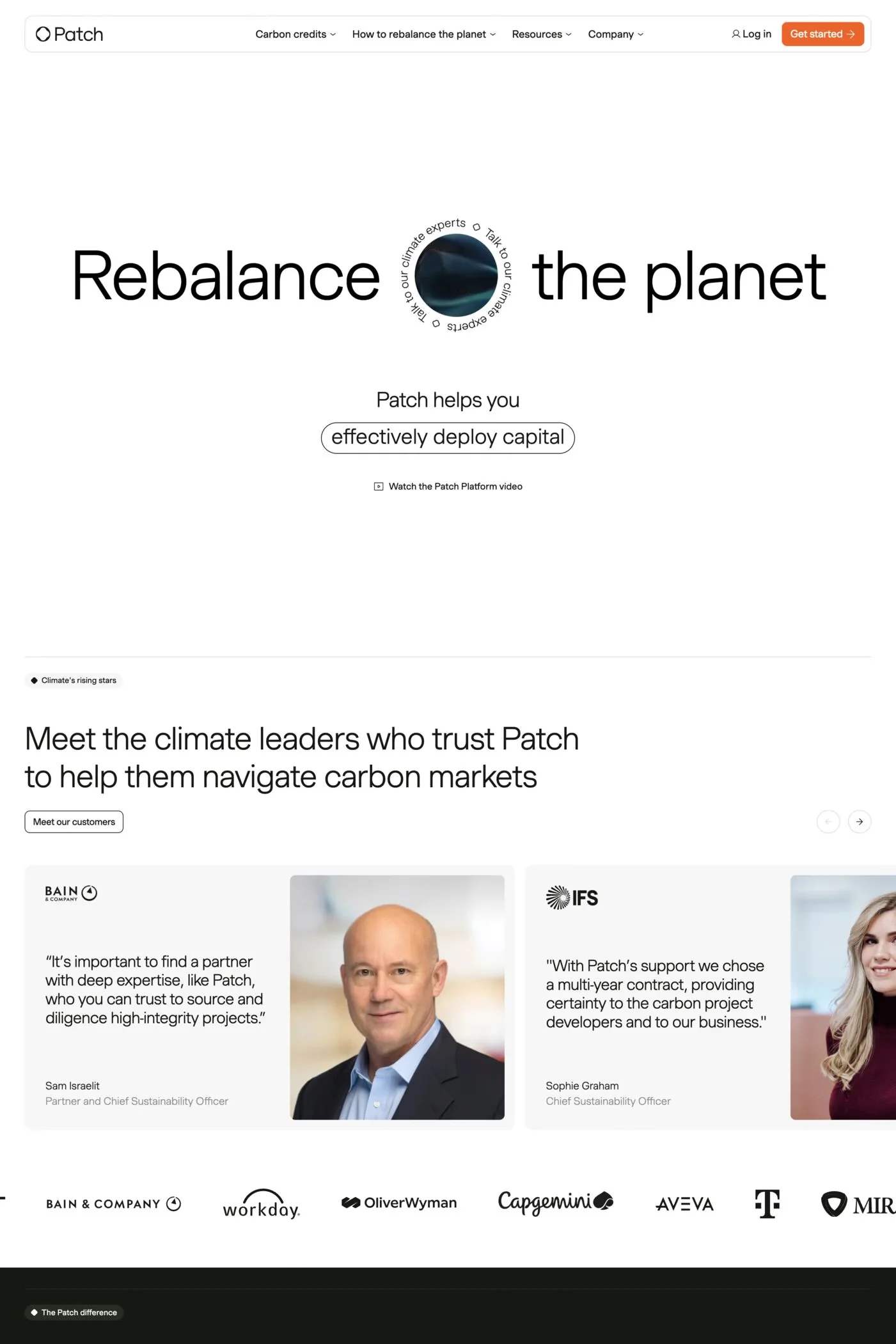 Patch — screenshot of a climate landing page in white and black, with sans-serif type and big type
