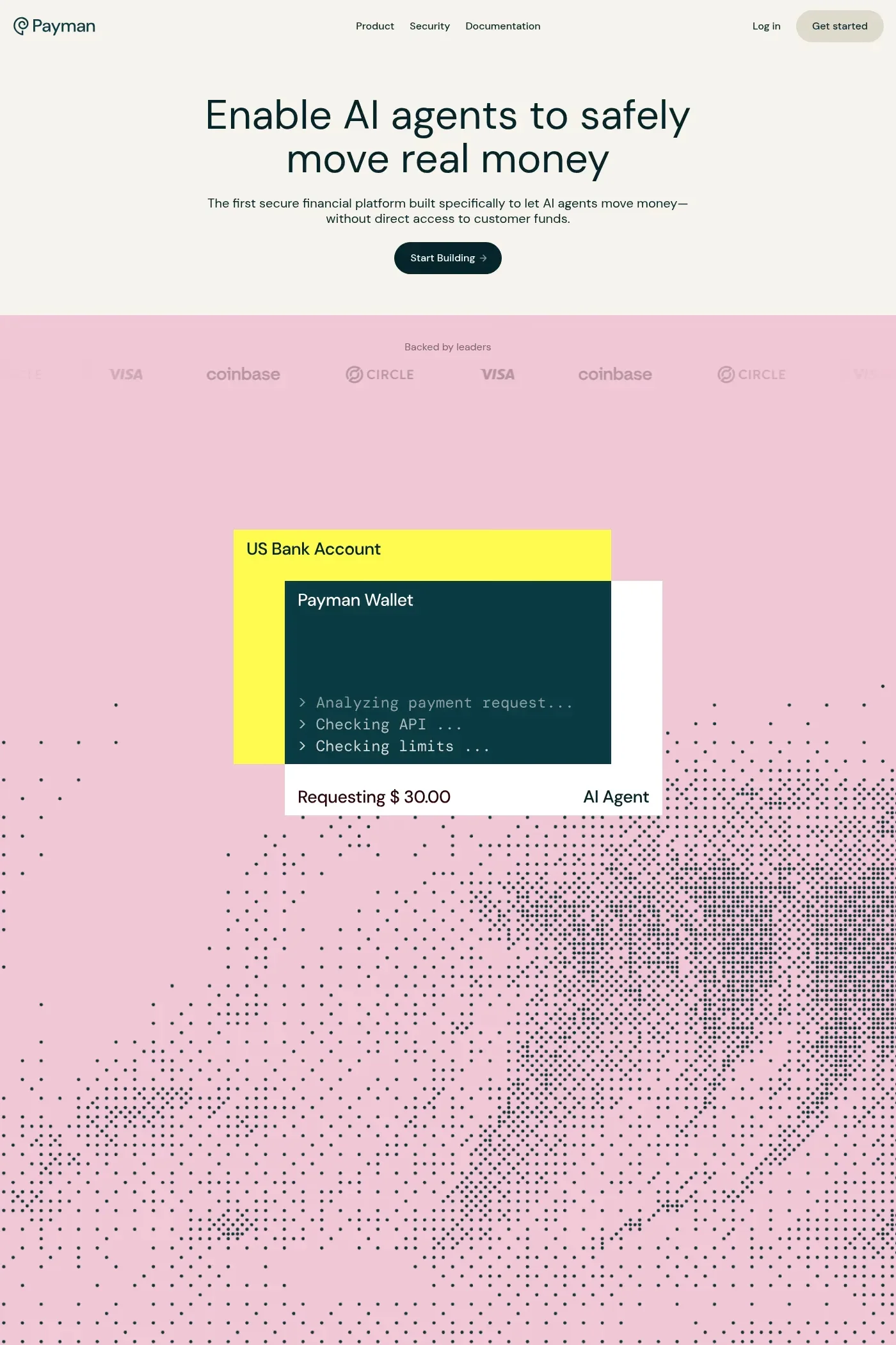 Payman — screenshot of an AI landing page in dark blue and pink, with patterns and texture