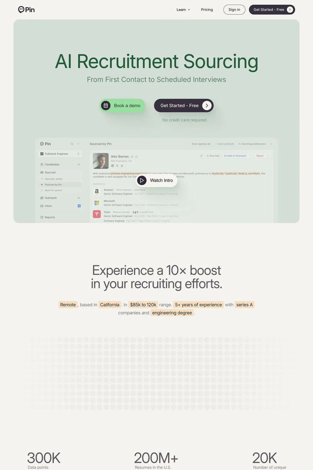 Pin — screenshot of a pastel, minimal software landing page in beige and dark green