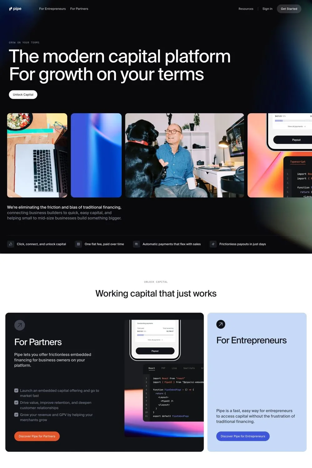 Pipe — screenshot of a detailed finance landing page in dark blue and light blue
