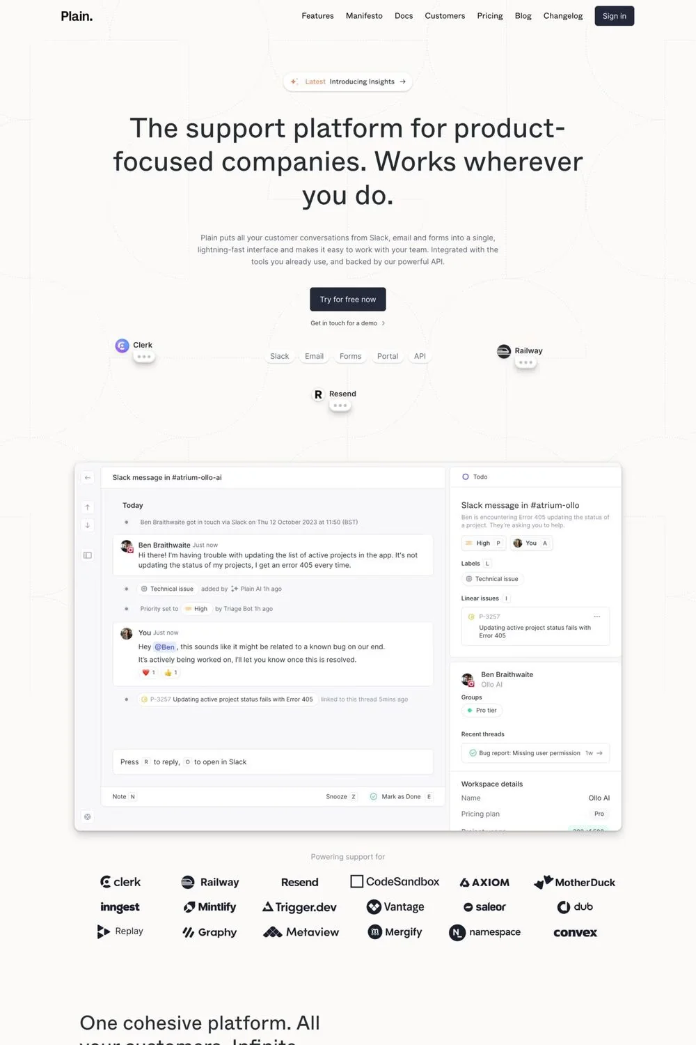 Plain — screenshot of a software landing page in beige and white, with line work and patterns