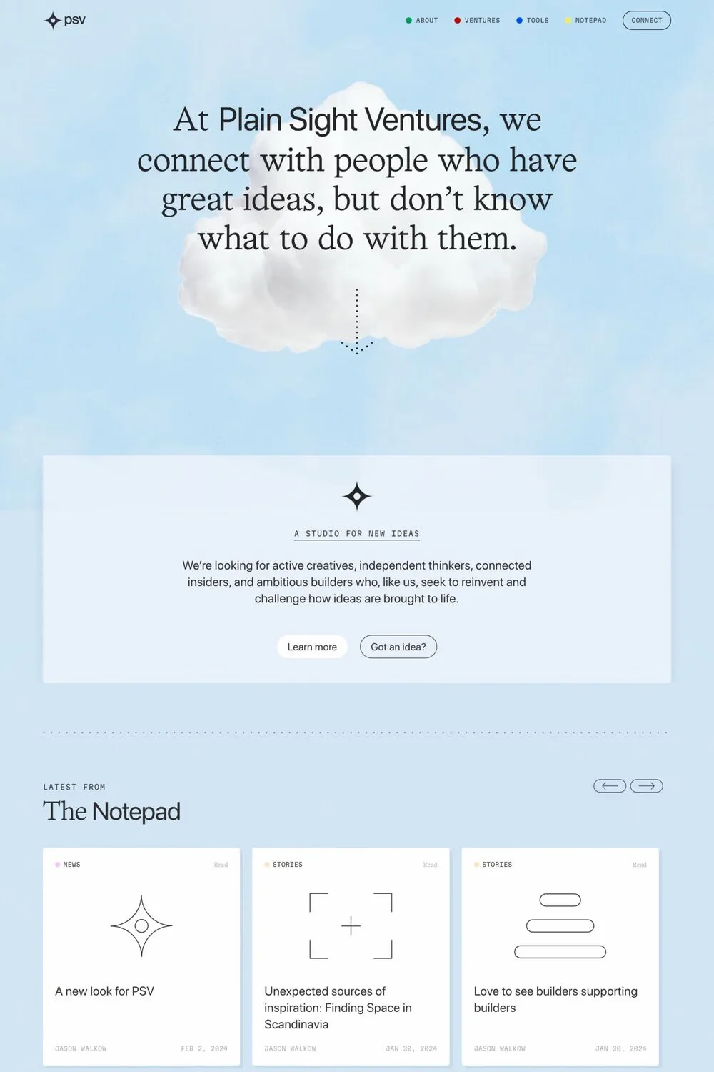 Plain Sight Ventures — screenshot of a pastel venture capital landing page in light blue and white