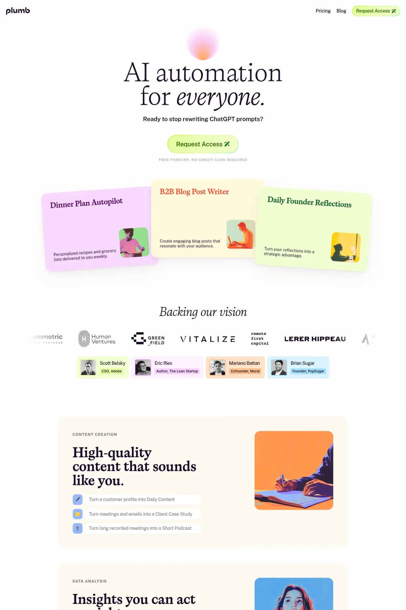 Plumb — screenshot of a pastel, colourful AI landing page in light green and light purple