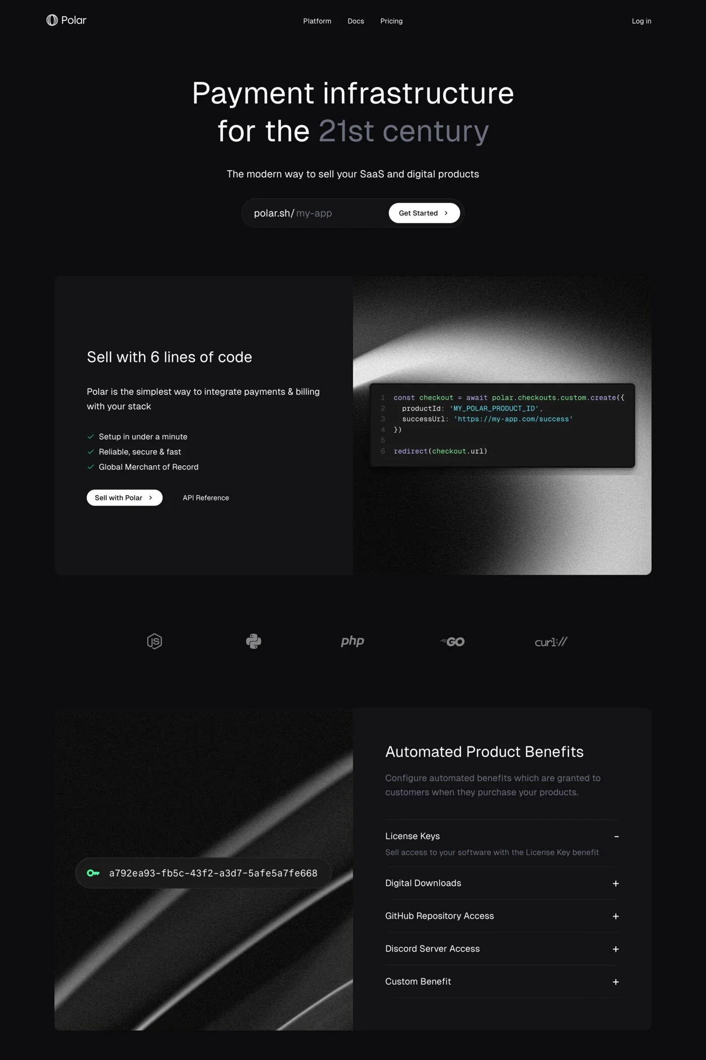 Polar — screenshot of a minimal, dark business landing page in black and dark green