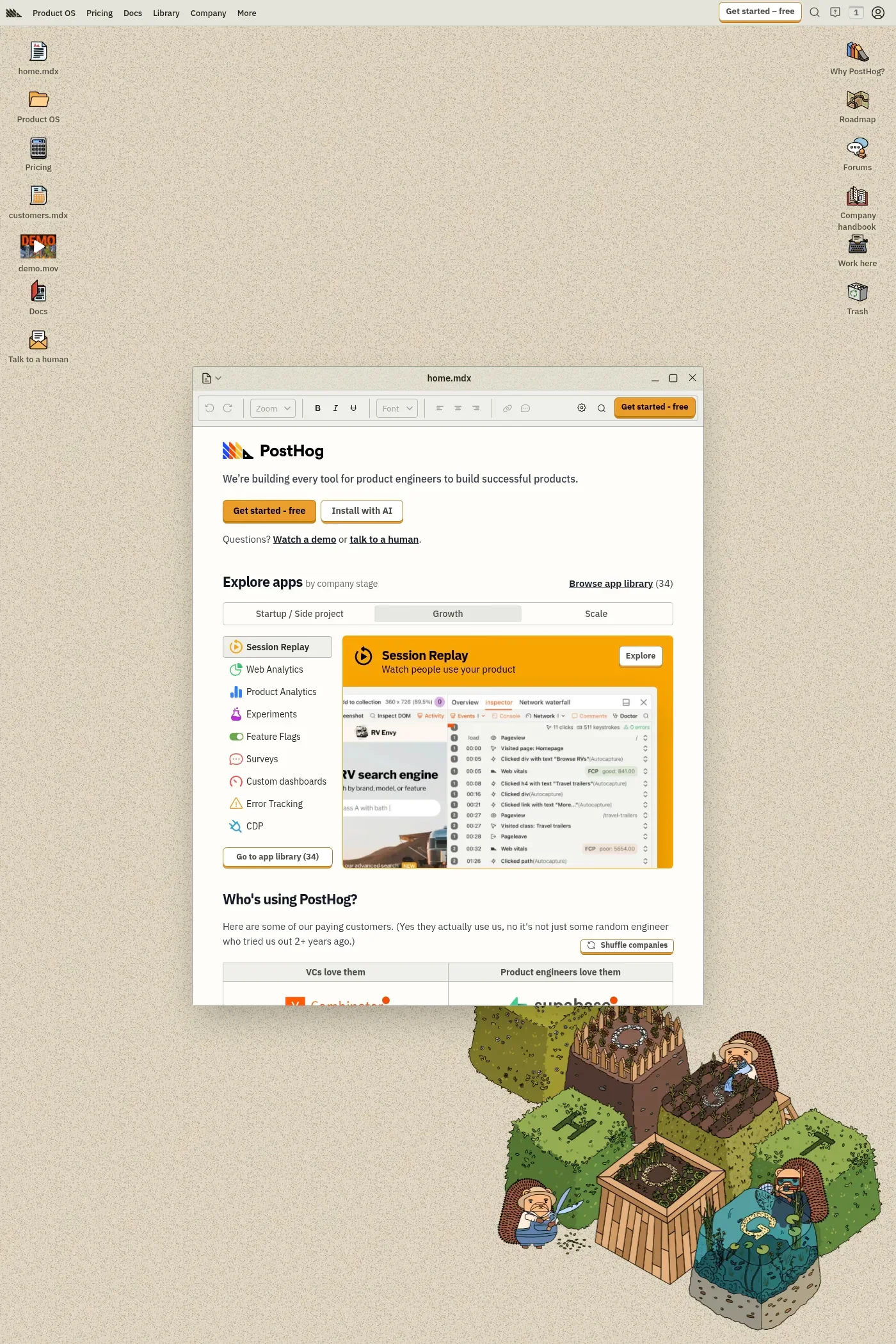 PostHog — screenshot of a development landing page in beige and orange, with texture and illustration