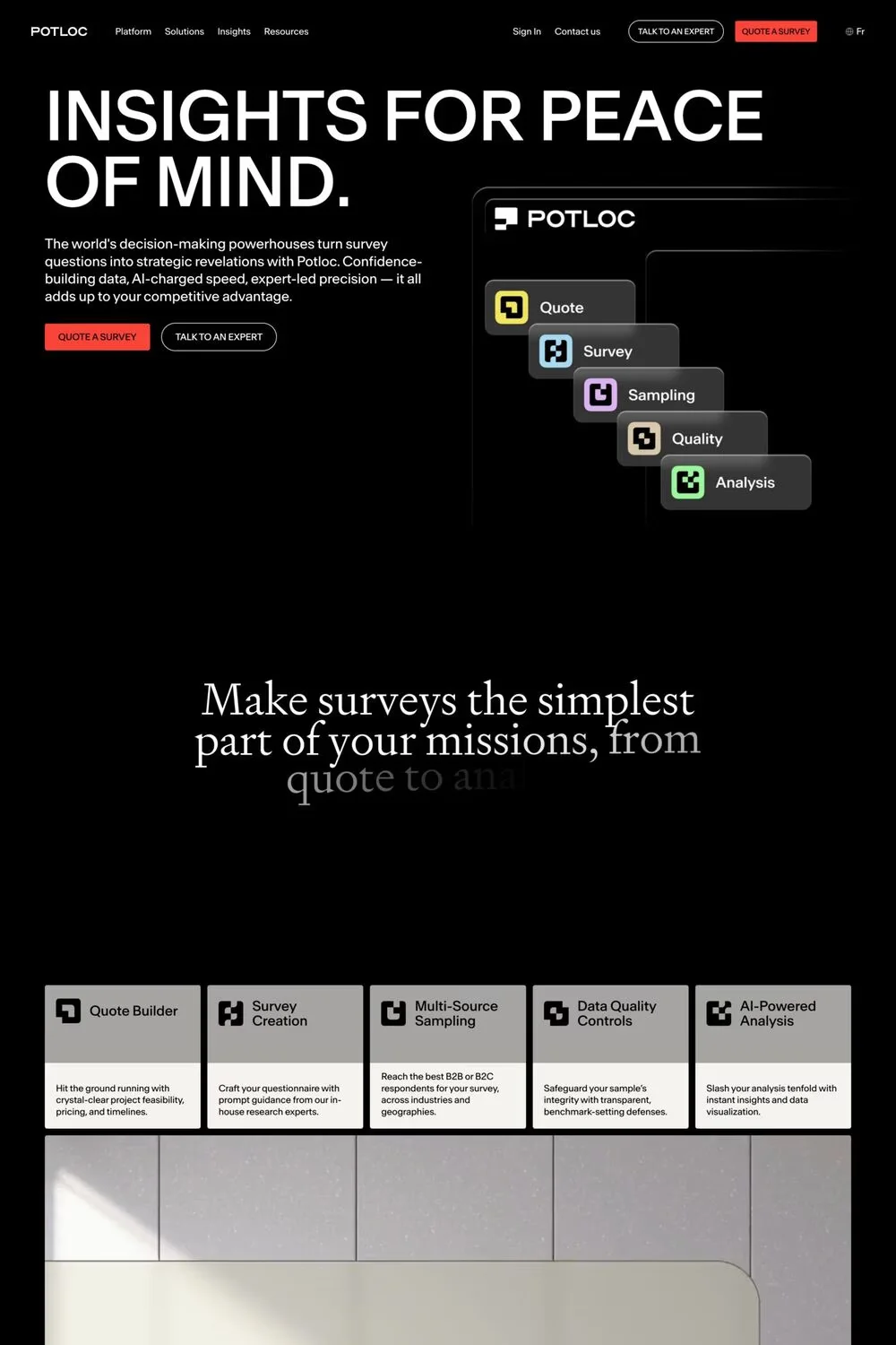 Potloc — screenshot of a data landing page in black and red, with serif type and sans-serif type
