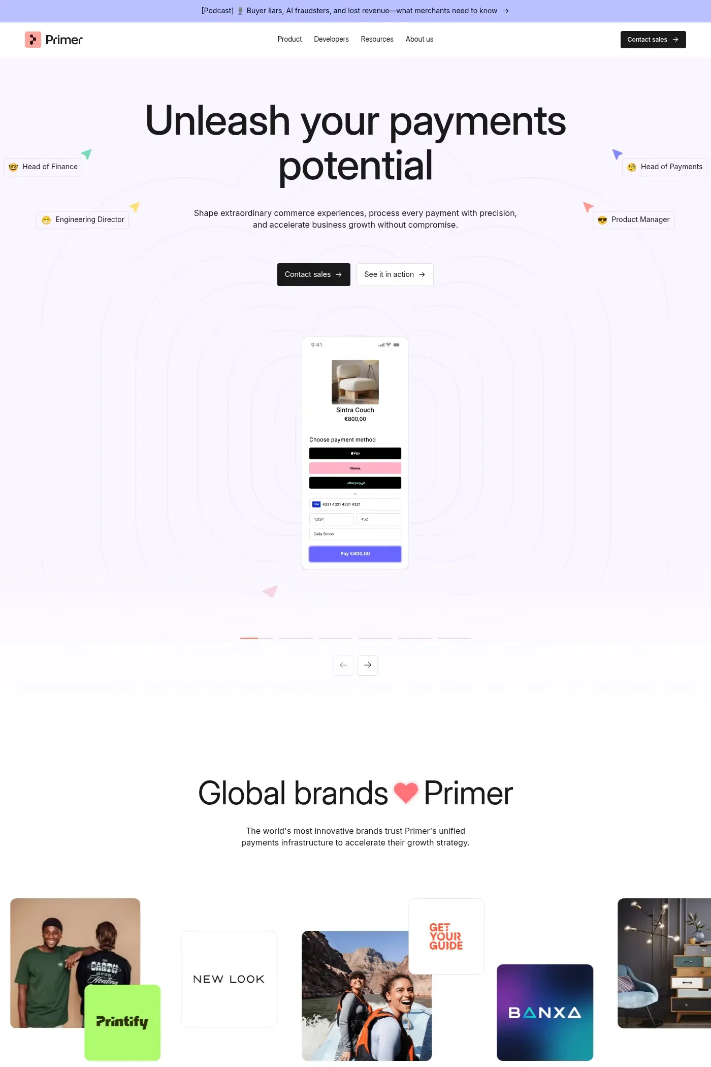 Primer — screenshot of a pastel finance landing page in light purple and white