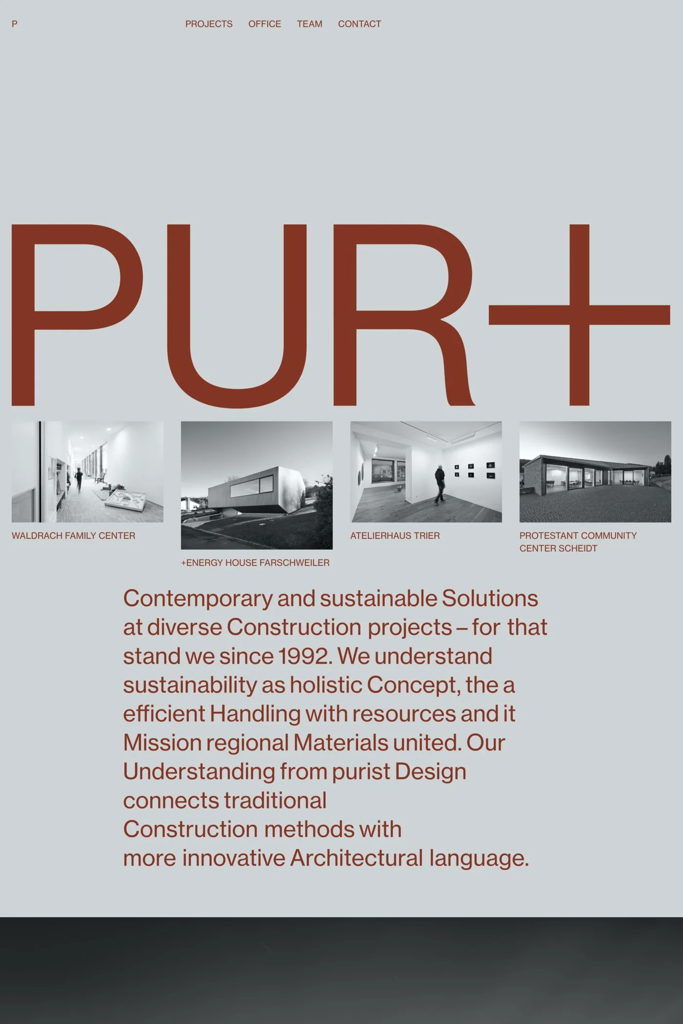 PUR+ Architekten — screenshot of a minimal design agency site in light blue and dark red