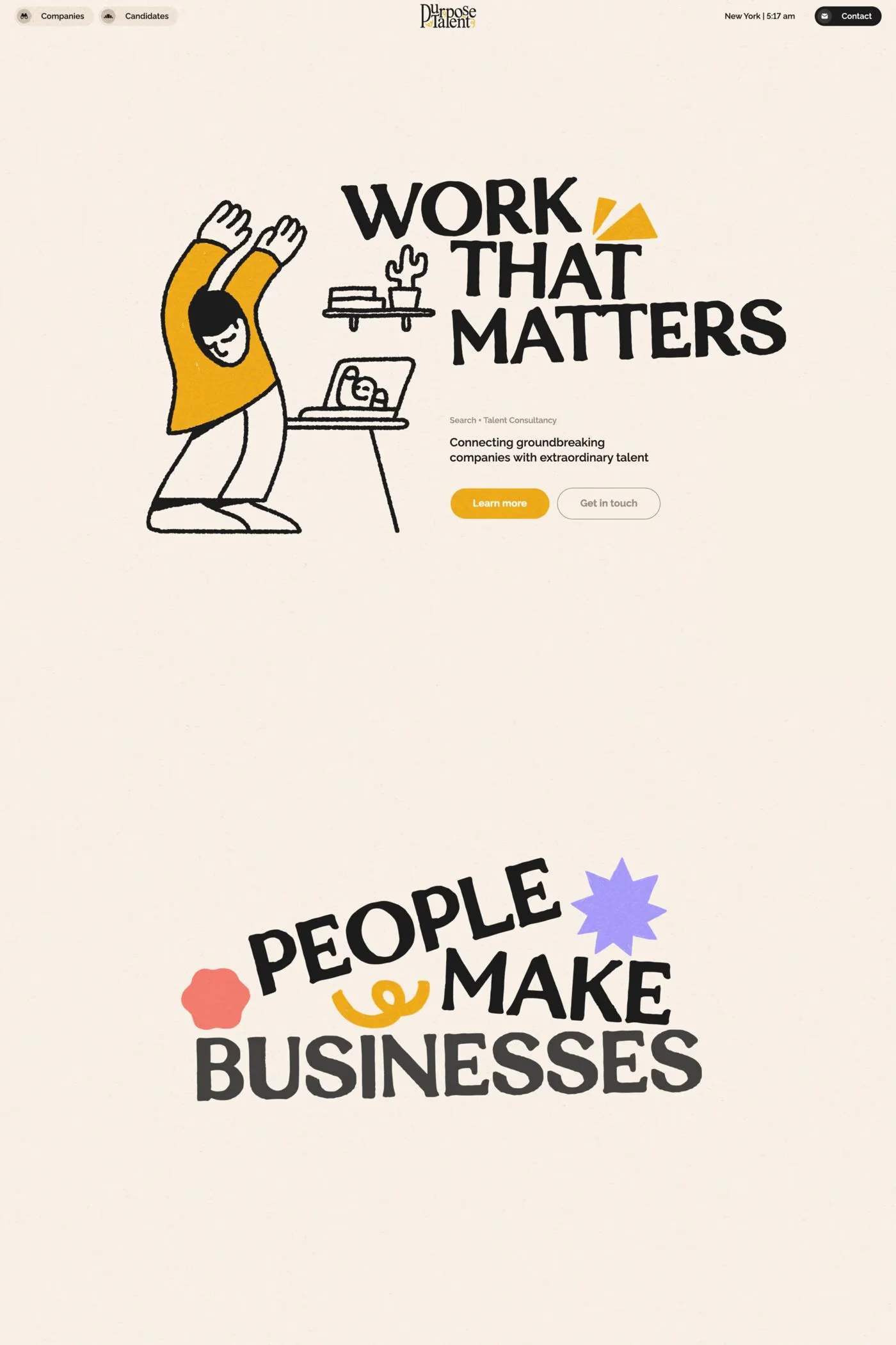 Purpose Talent — screenshot of a fun business landing page in beige and orange