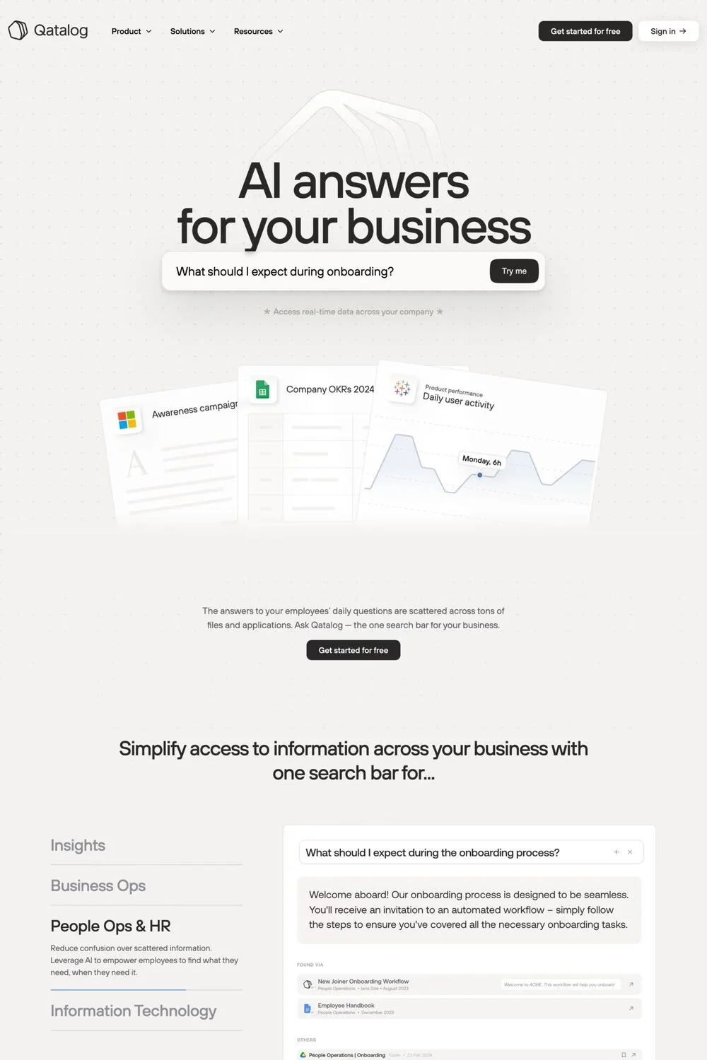 Qatalog — screenshot of a software landing page in beige and white, with a bento grid and big type