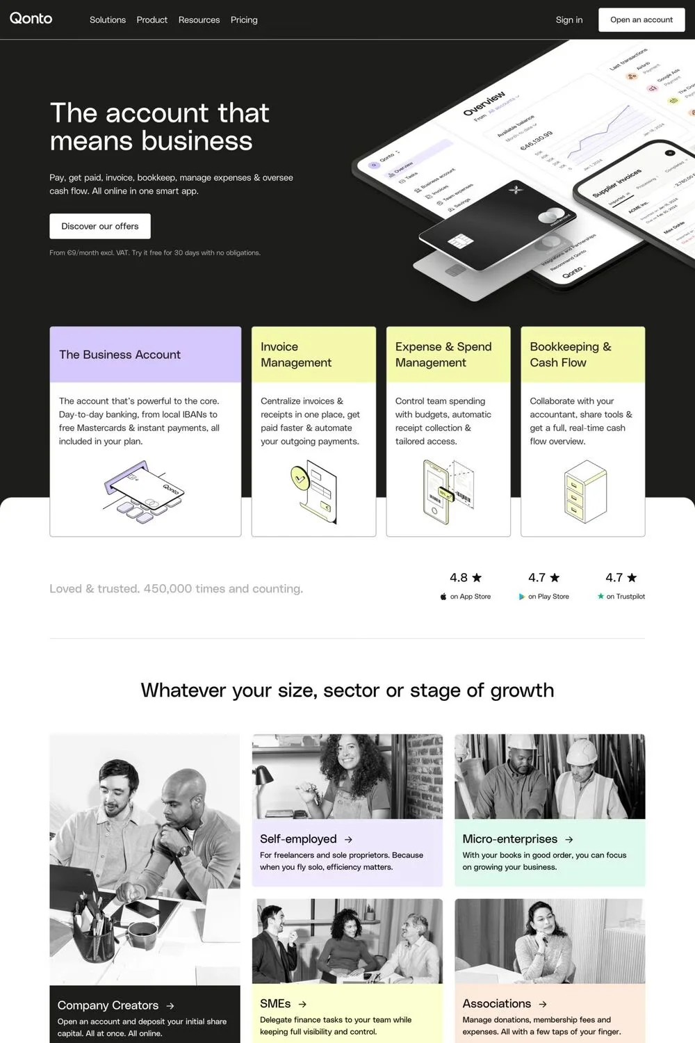 Qonto — screenshot of an isometric, pastel finance landing page in black and white
