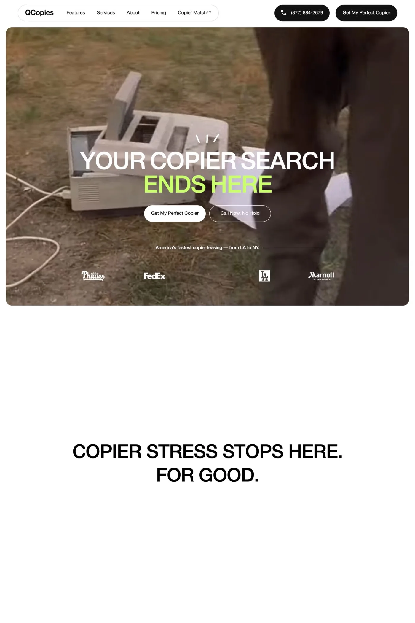 Quick Copies — screenshot of a typographic business landing page in white and light green