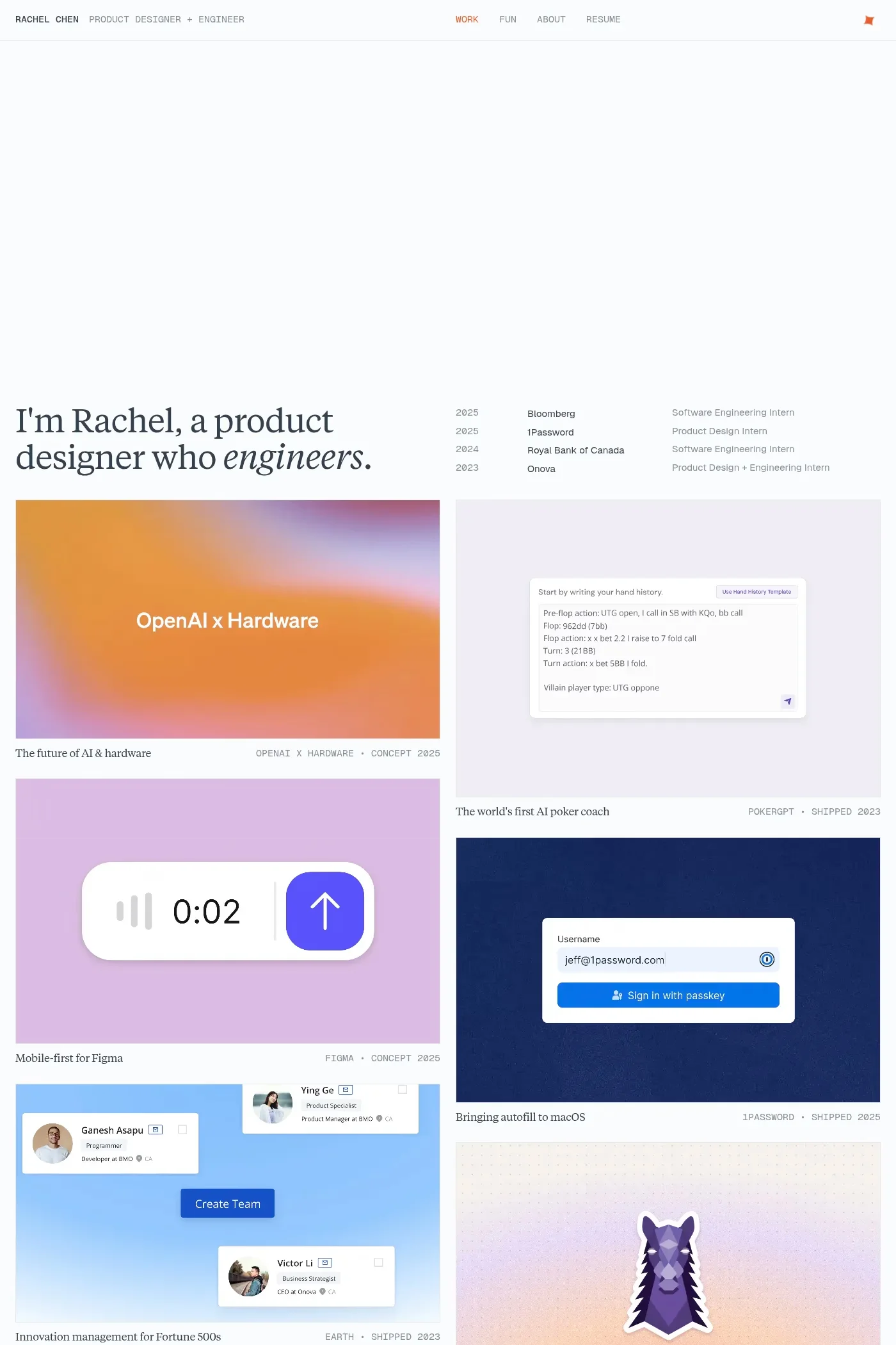 Rachel Chen — screenshot of a minimal, light design portfolio site in white
