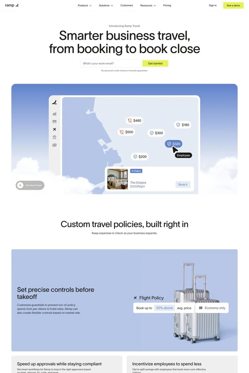 Ramp Travel — screenshot of a finance landing page in light green and light blue, with sans-serif type and a bento grid
