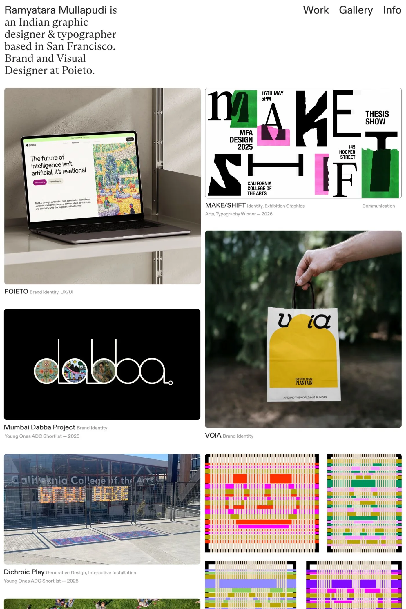 Ramyatara Mullapudi — screenshot of a minimal design portfolio site in white