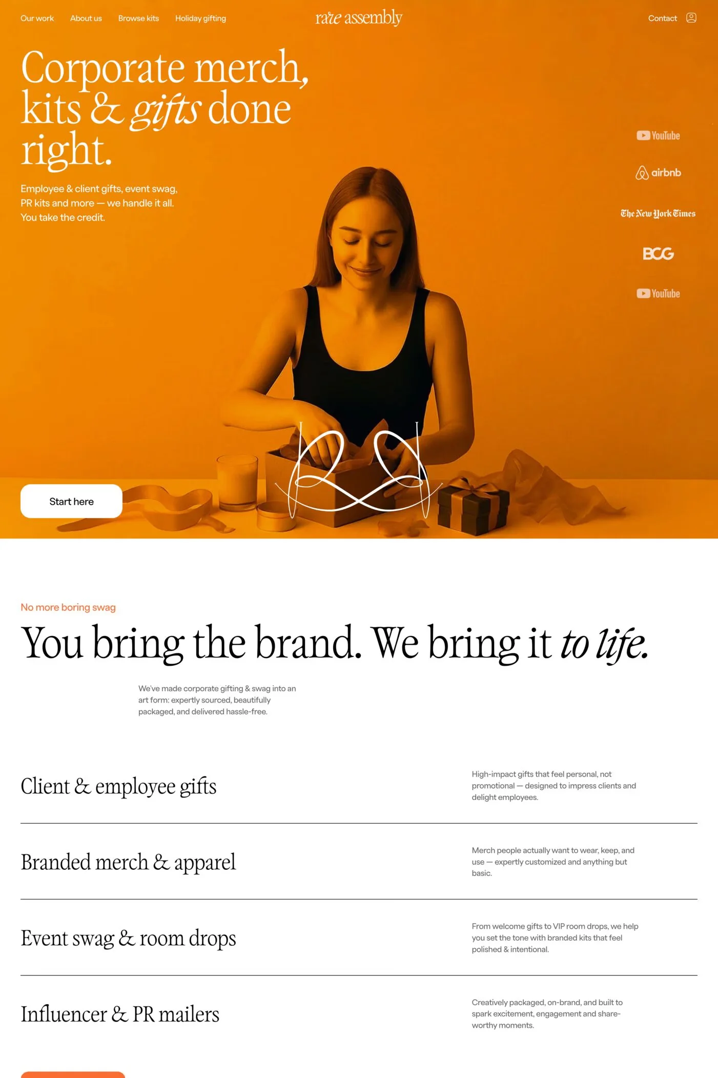 Rare Assembly — screenshot of a typographic, hand-drawn business online shop in white and light orange