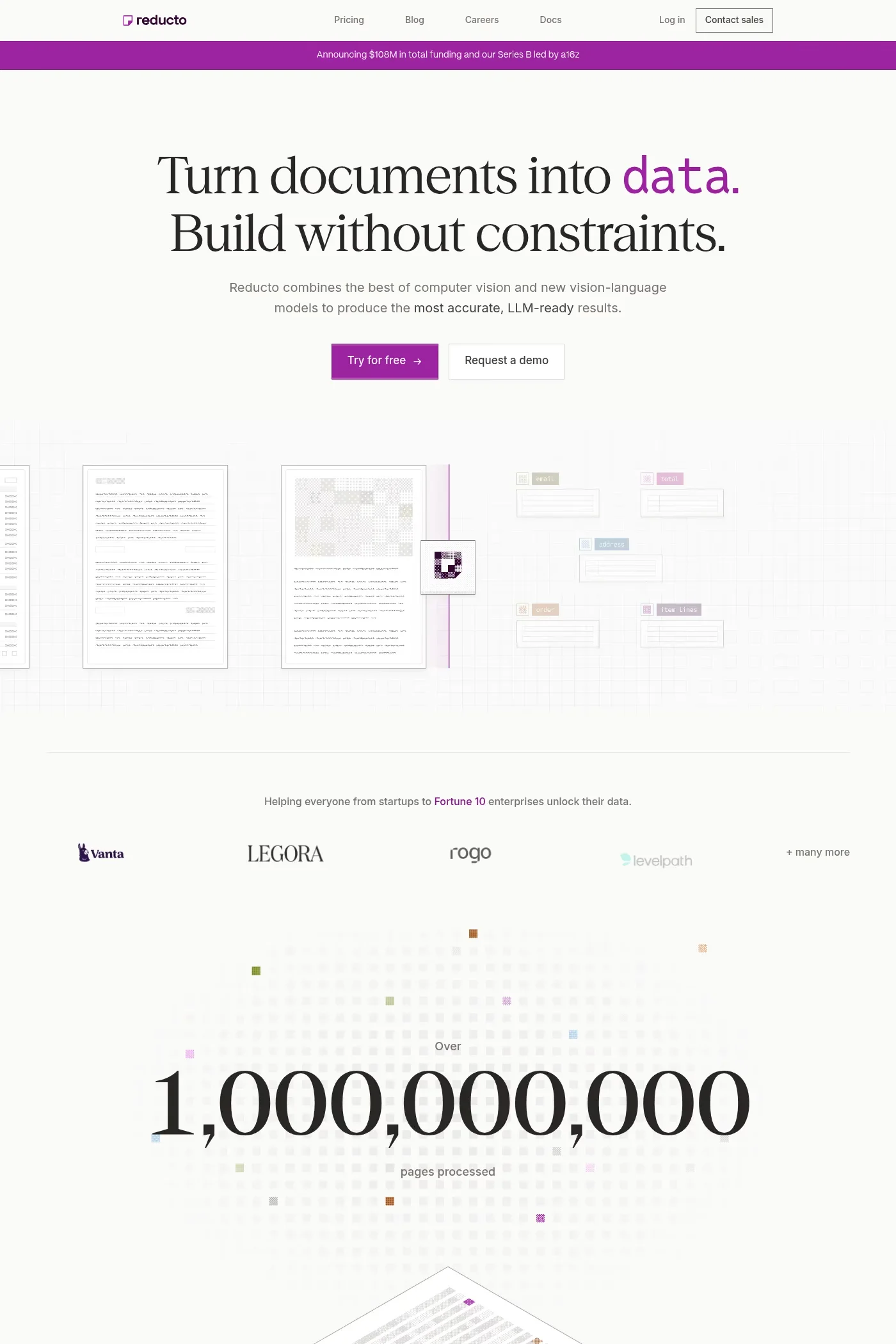 Reducto — screenshot of a techy, dark AI landing page in white and dark grey