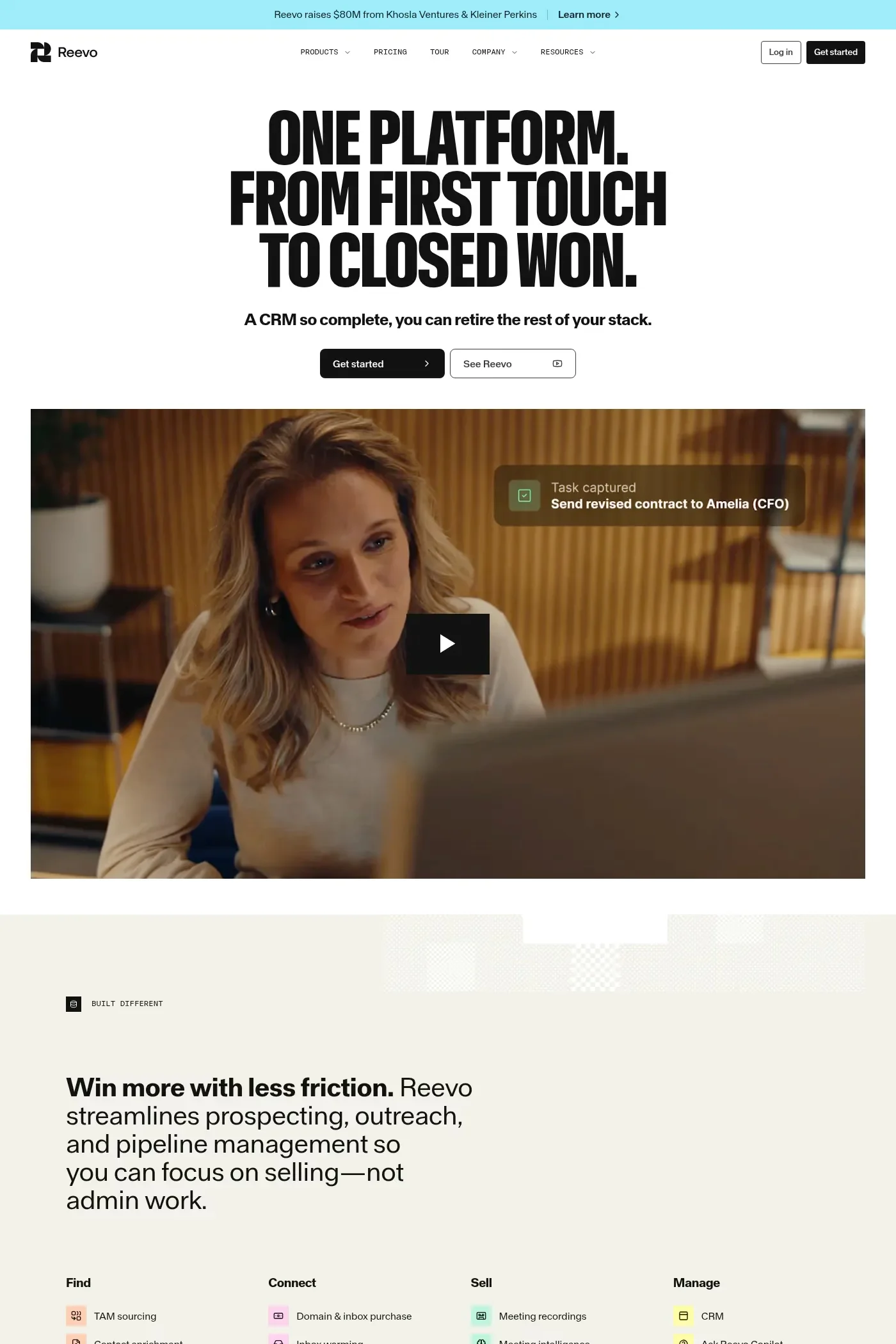 Reevo — screenshot of a techy, pastel AI landing page in white and black