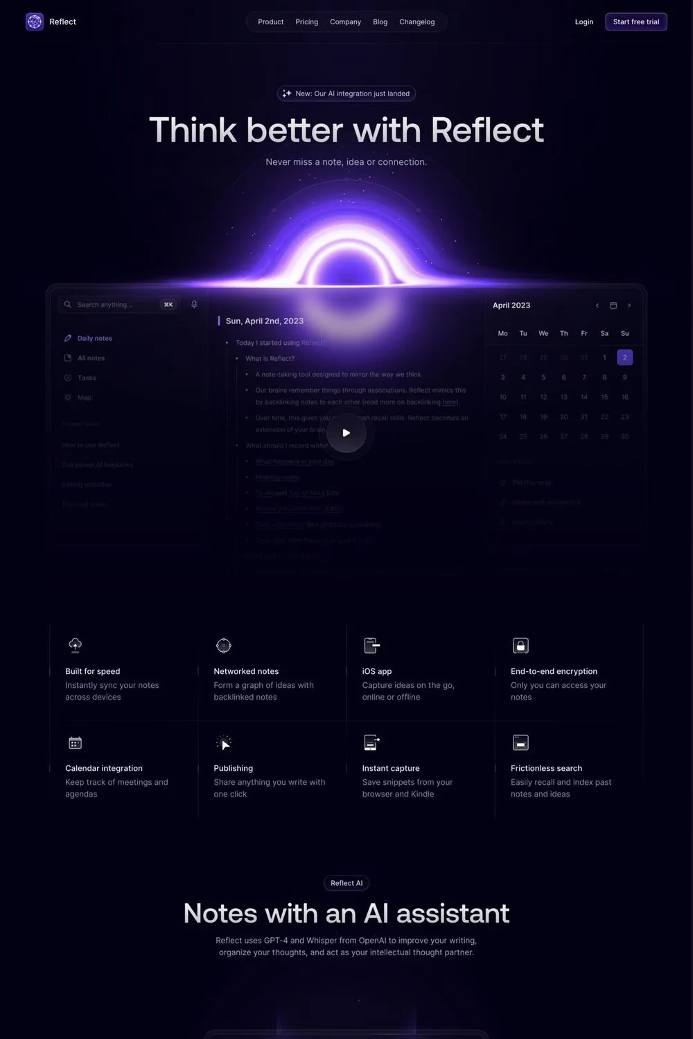 Reflect — screenshot of a detailed productivity landing page in dark blue and purple