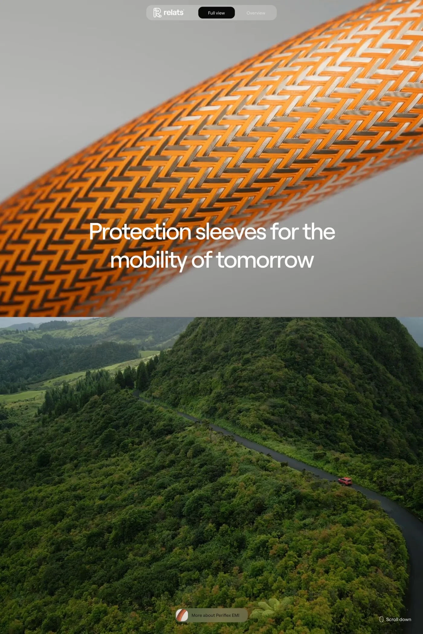 Relats — screenshot of a techy, 3D technology landing page in orange and black
