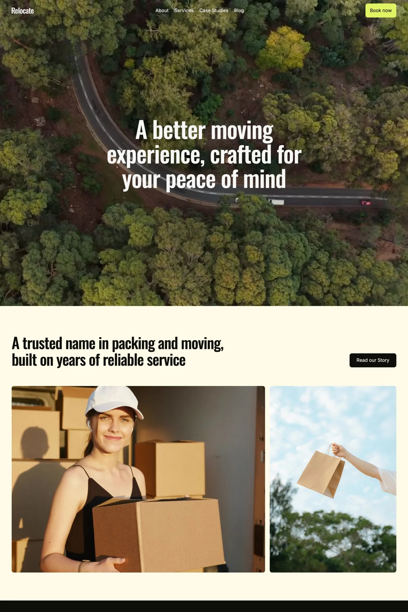 Relocate — screenshot of a transport landing page template in cream and black, with sans-serif type and condensed type