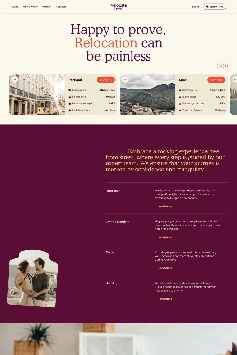 Relocate Now — screenshot of a travel landing page in dark red and orange, with serif type and big type