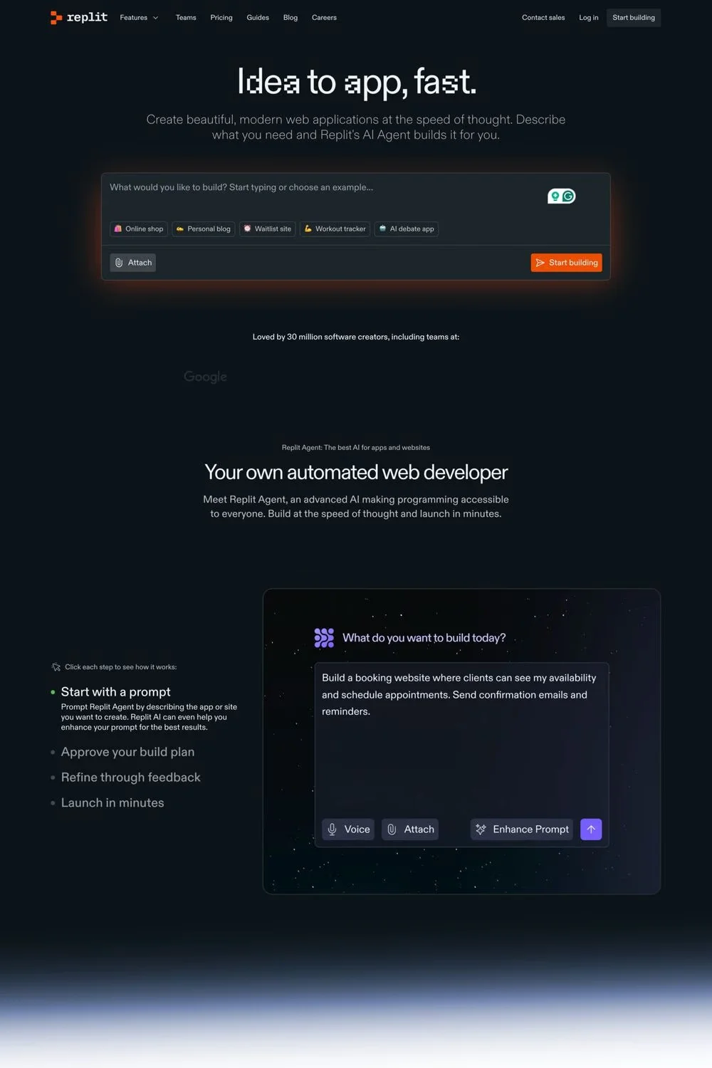 Replit — screenshot of a techy, dark AI landing page in dark blue and orange
