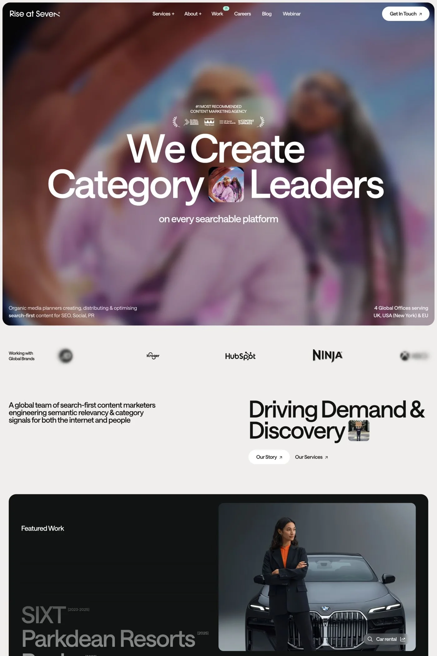Rise at Seven — screenshot of a marketing agency site in light grey and black, with photography