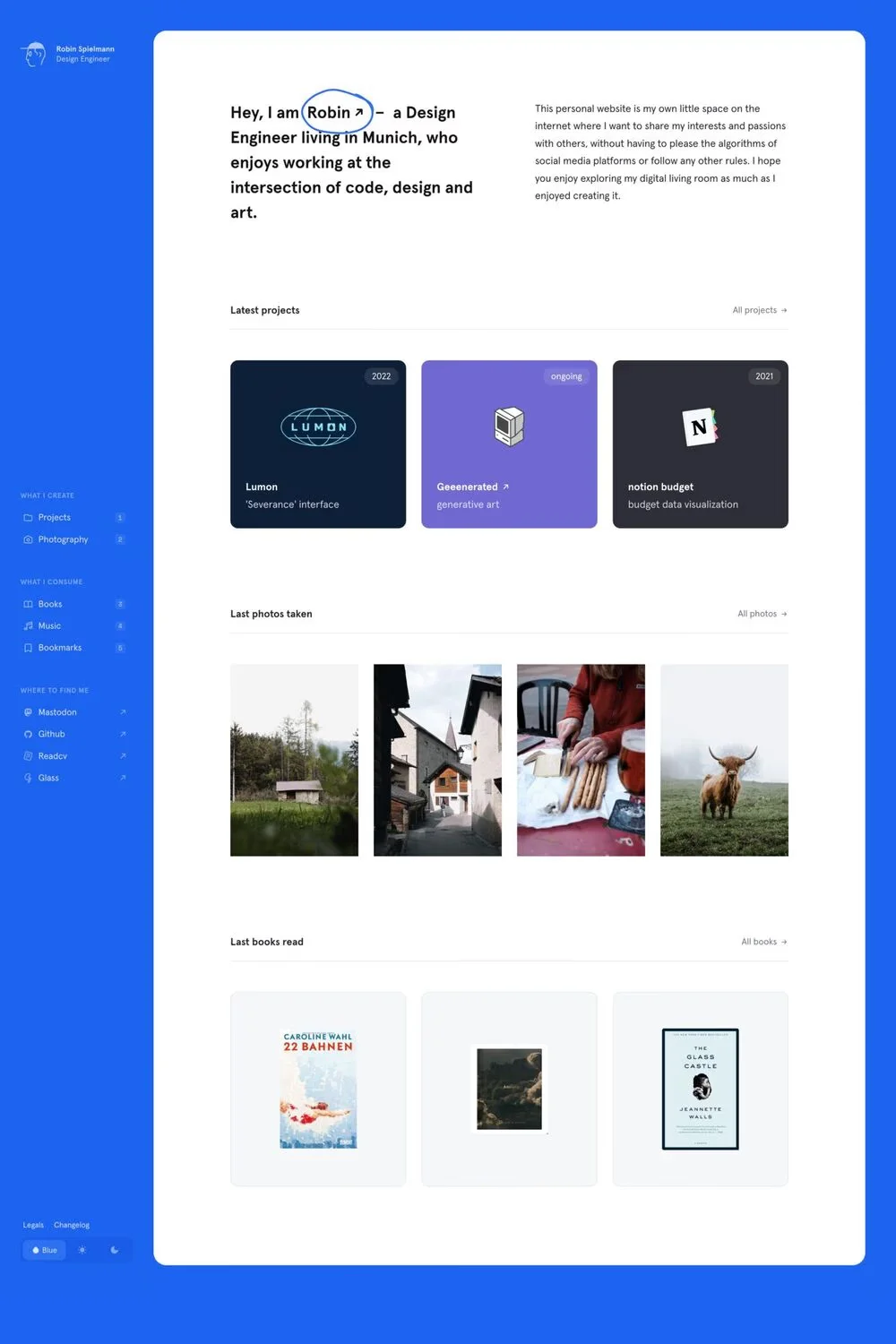 Robin Spielmann — screenshot of a hand-drawn design portfolio site in blue and white